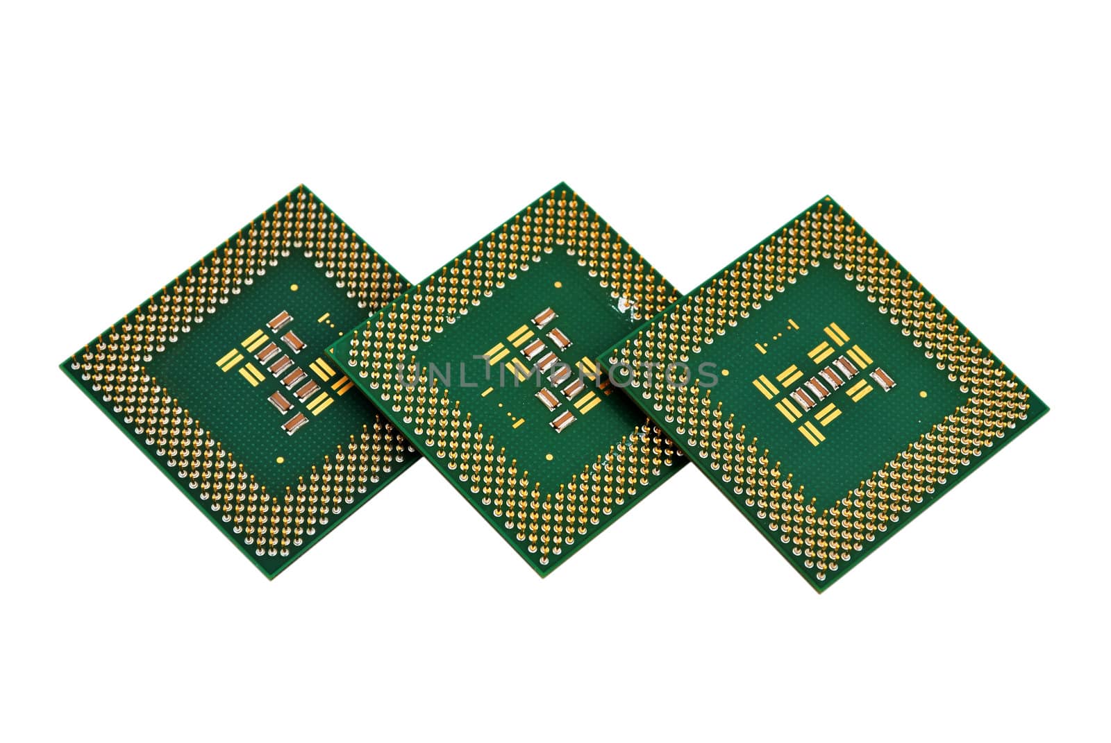 three CPU closeup on white background