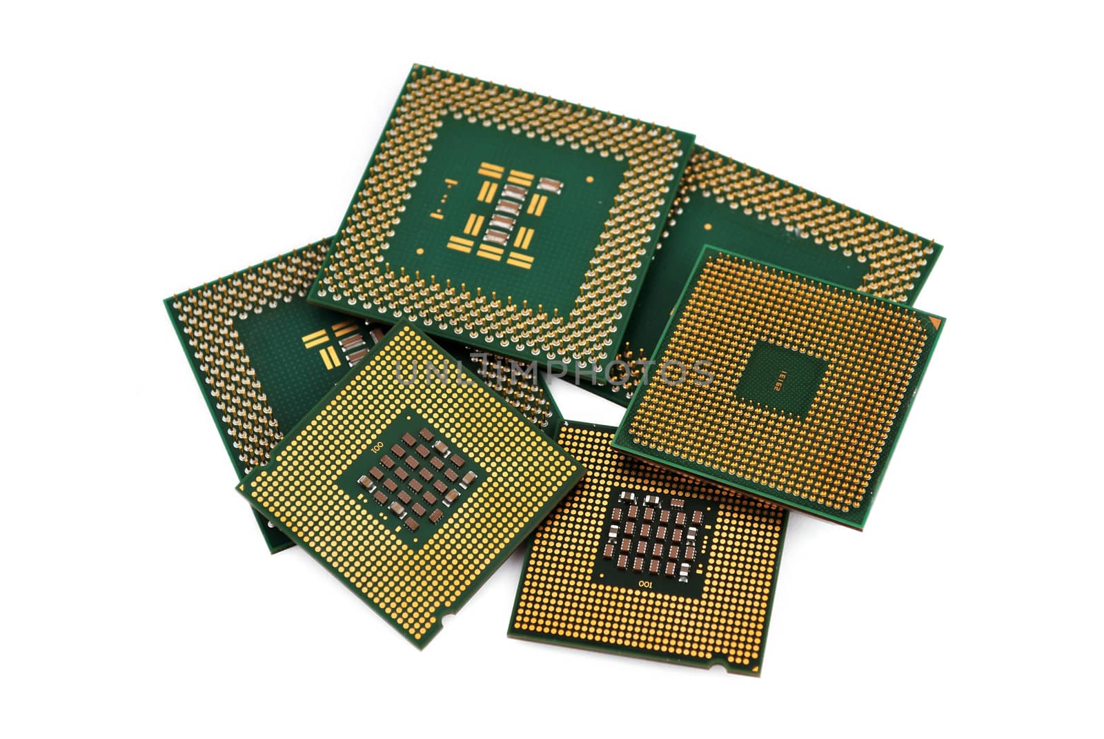 six CPU closeup on white background