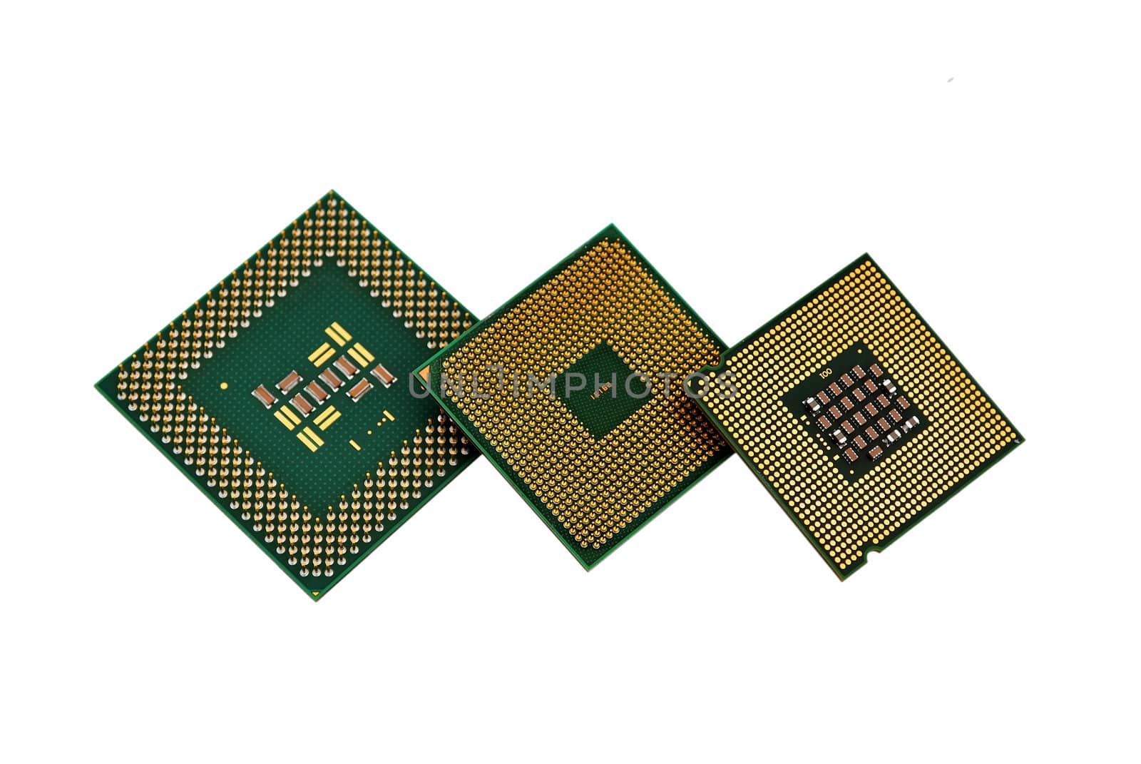 three CPU closeup on white background