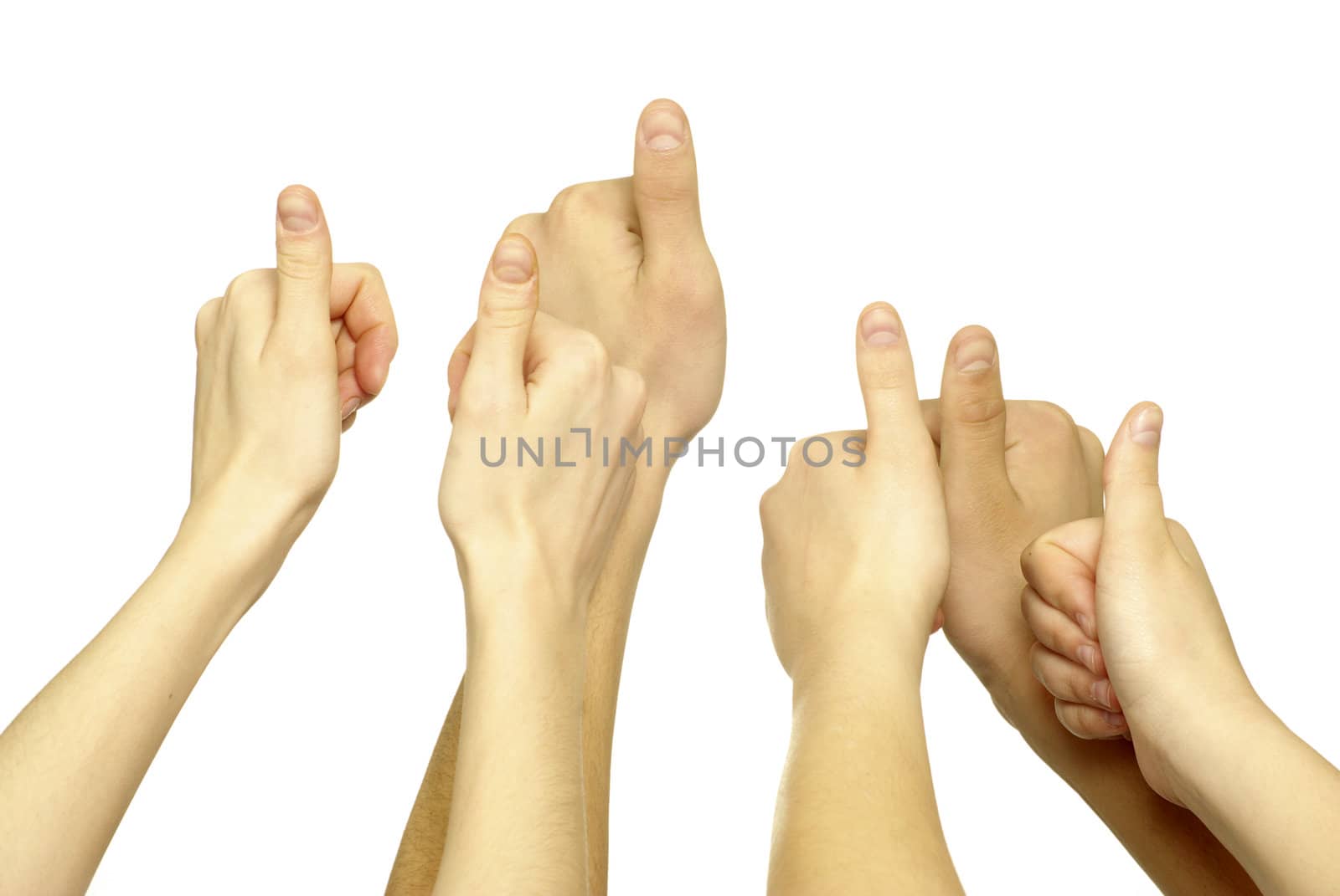 Many hand lifted up on white background