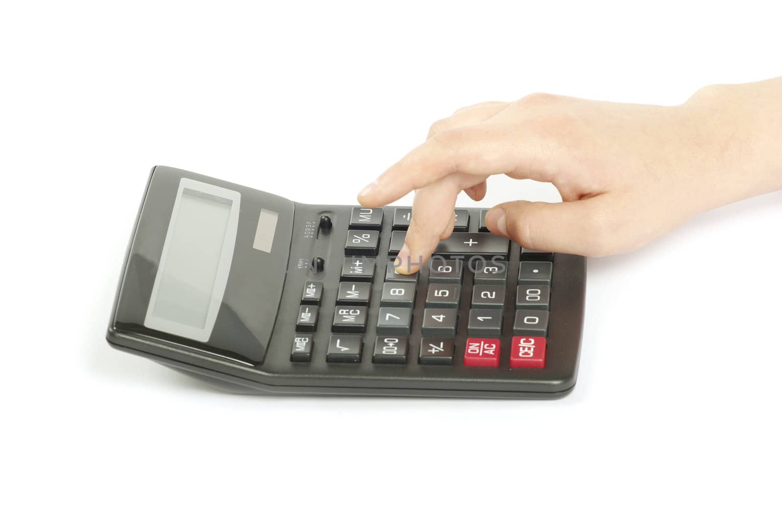 calculator with hand isolated on a white