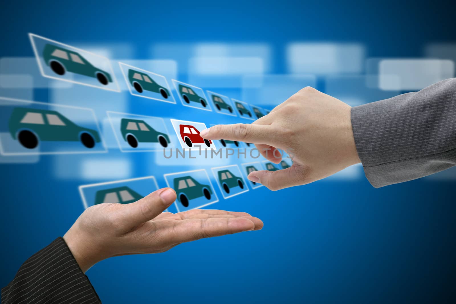 Business Man Hand touch Virtual Touch Screen Interface for New Car from Electronic Market