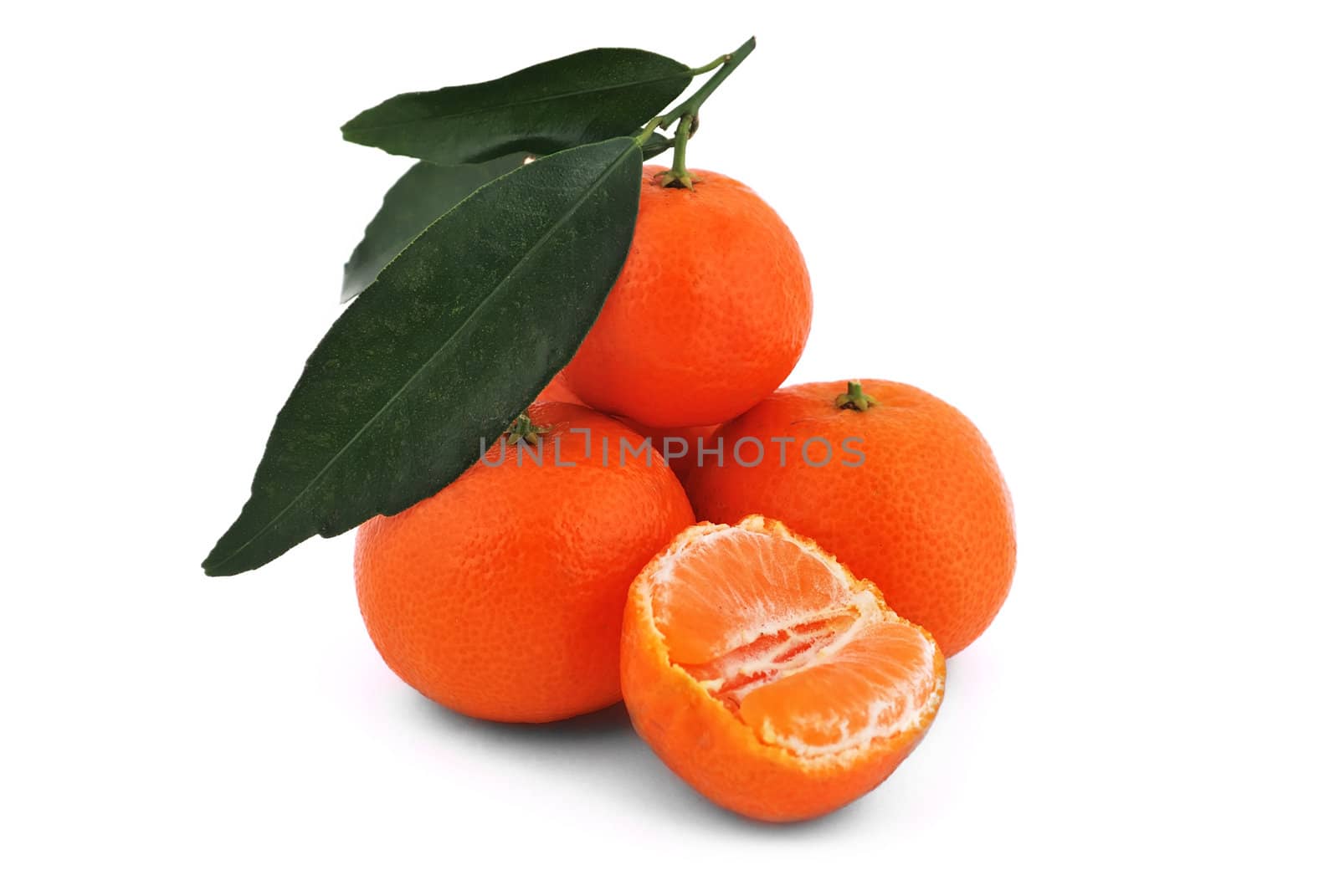 tangerines with leaves on white background