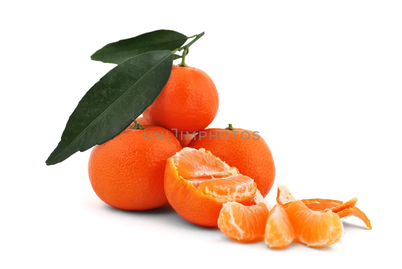 tangerines with leaves on white background