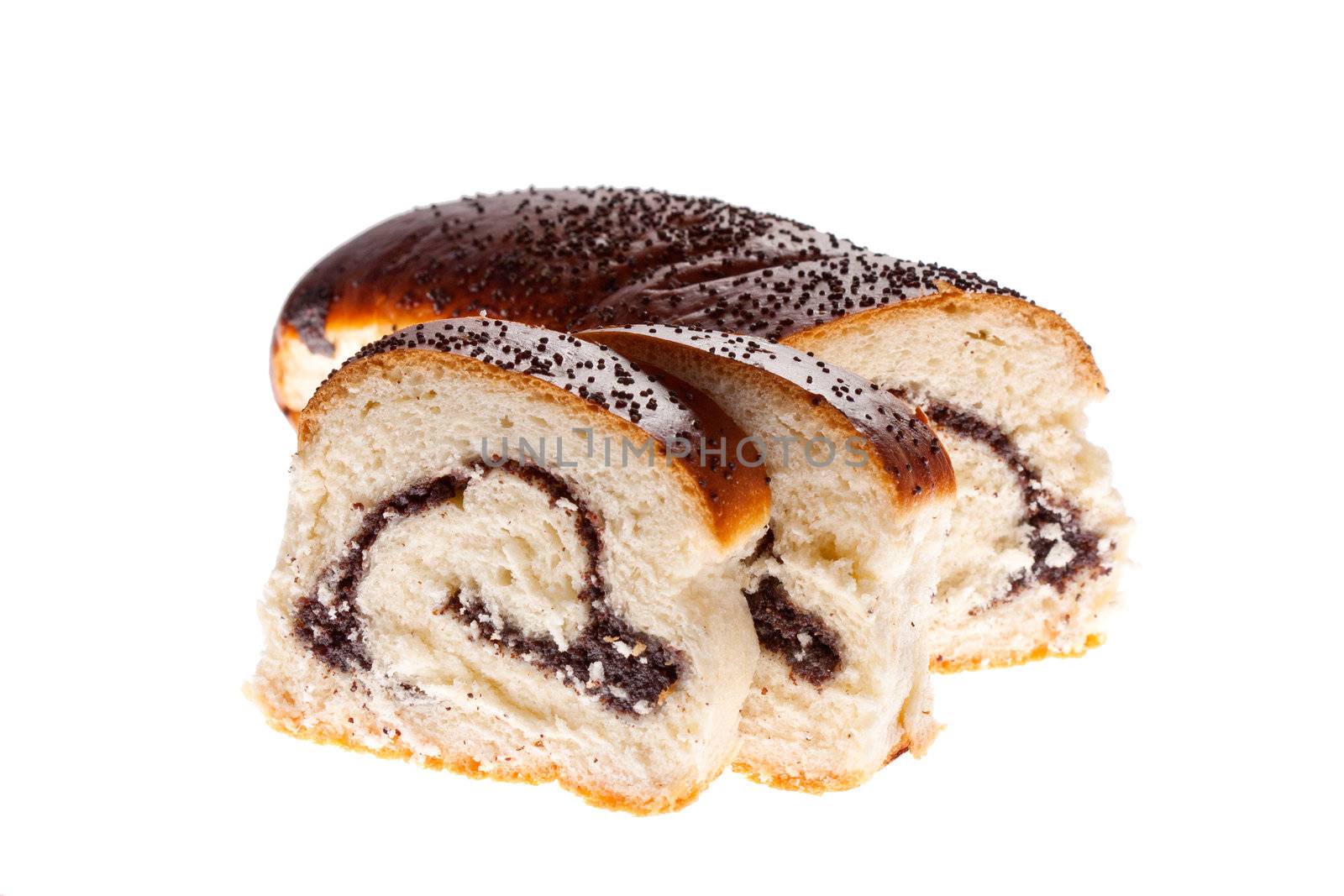 Sliced ​​bread with poppy seeds on a white background