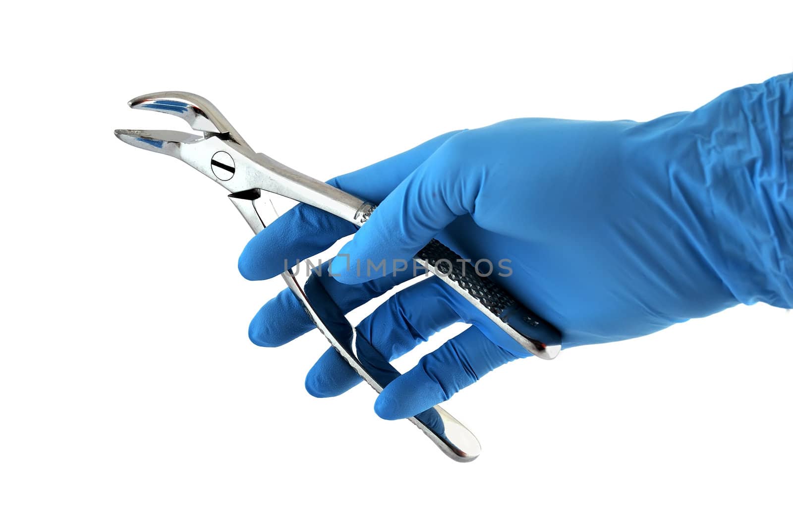dental forceps in hand on a white background