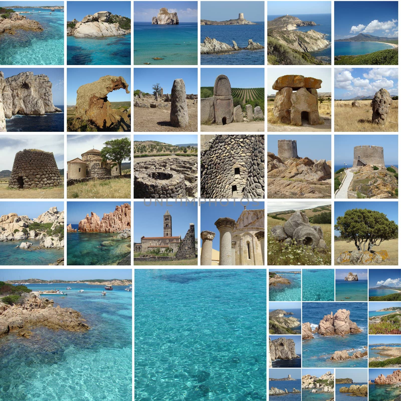 collage with touristic attractions of Sardinia island, Italy, Europe