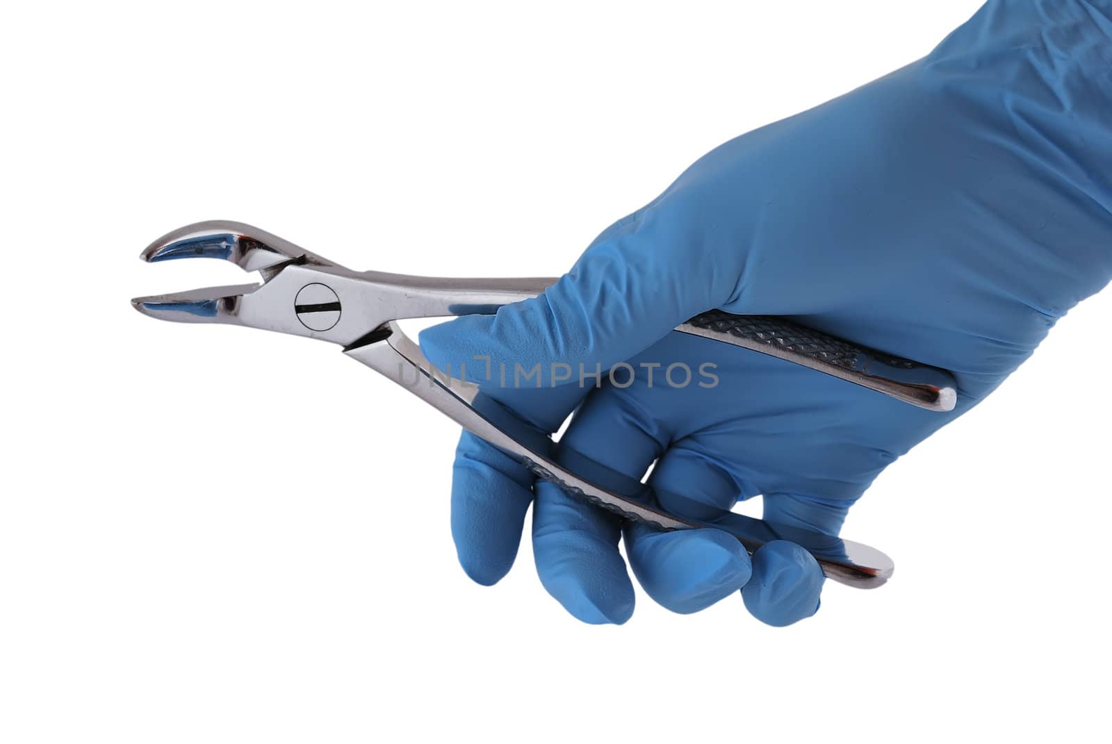 dental forceps in his hand on a white background