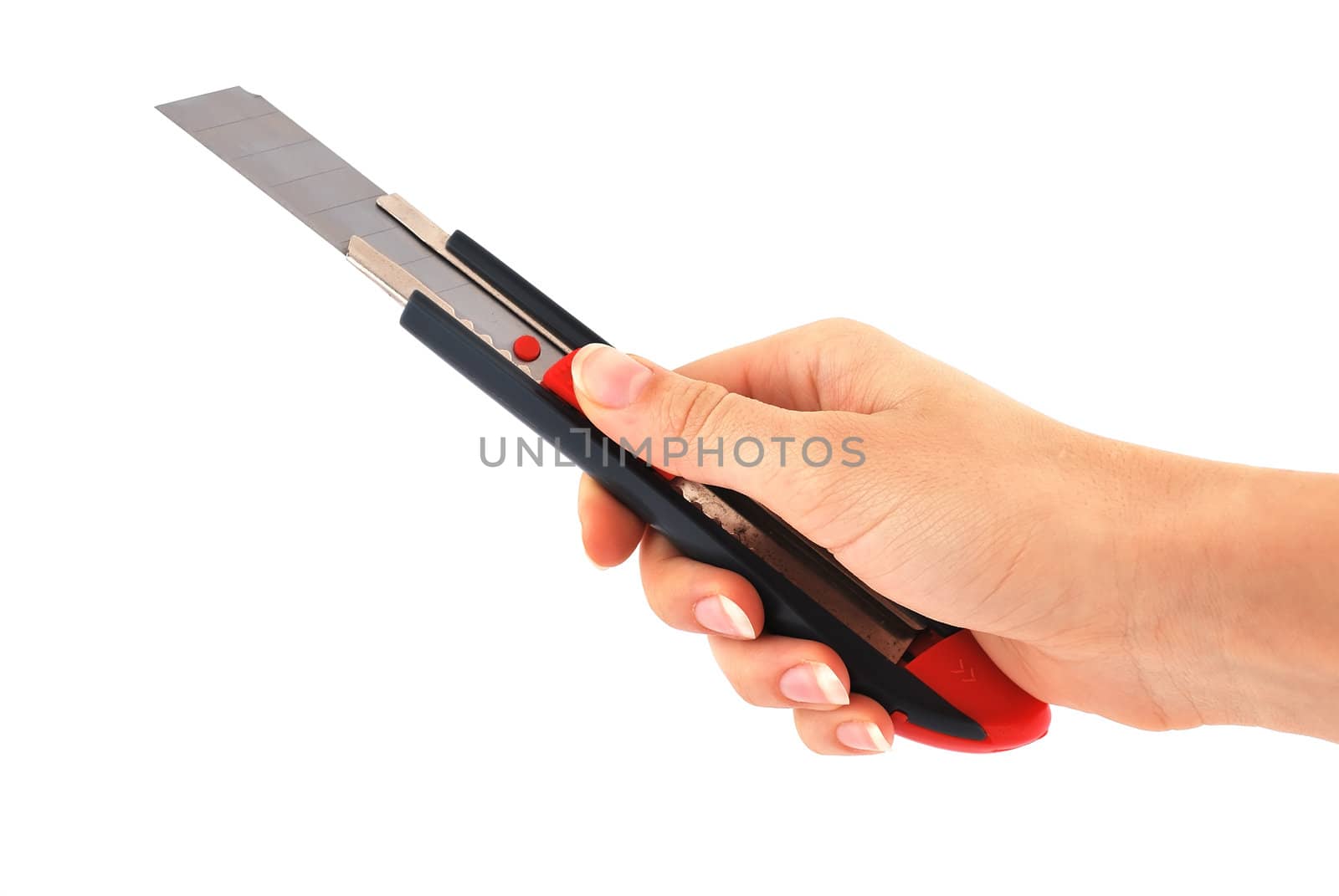 paper knife in his hand on a white background