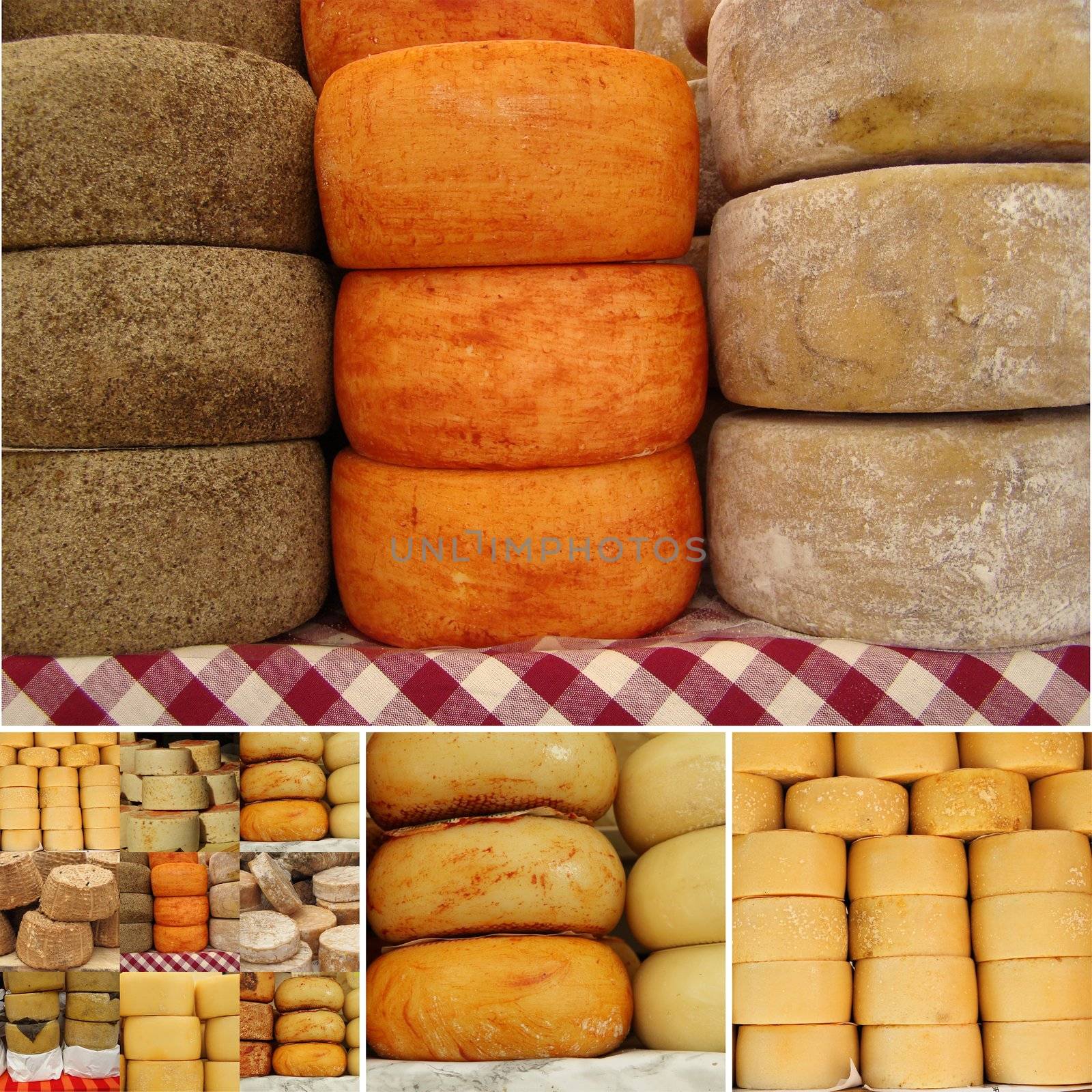 collage with variety of cheese on italian market, Tuscany by mkistryn