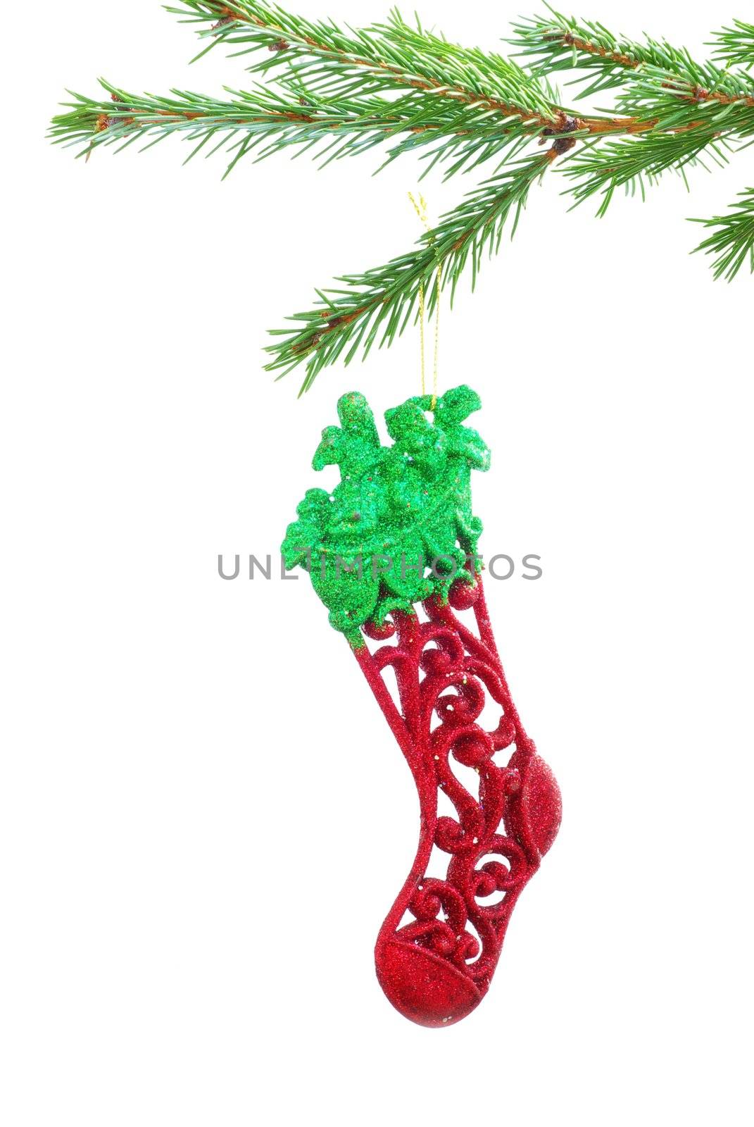 Pine branches and christmas toy isolated on white background