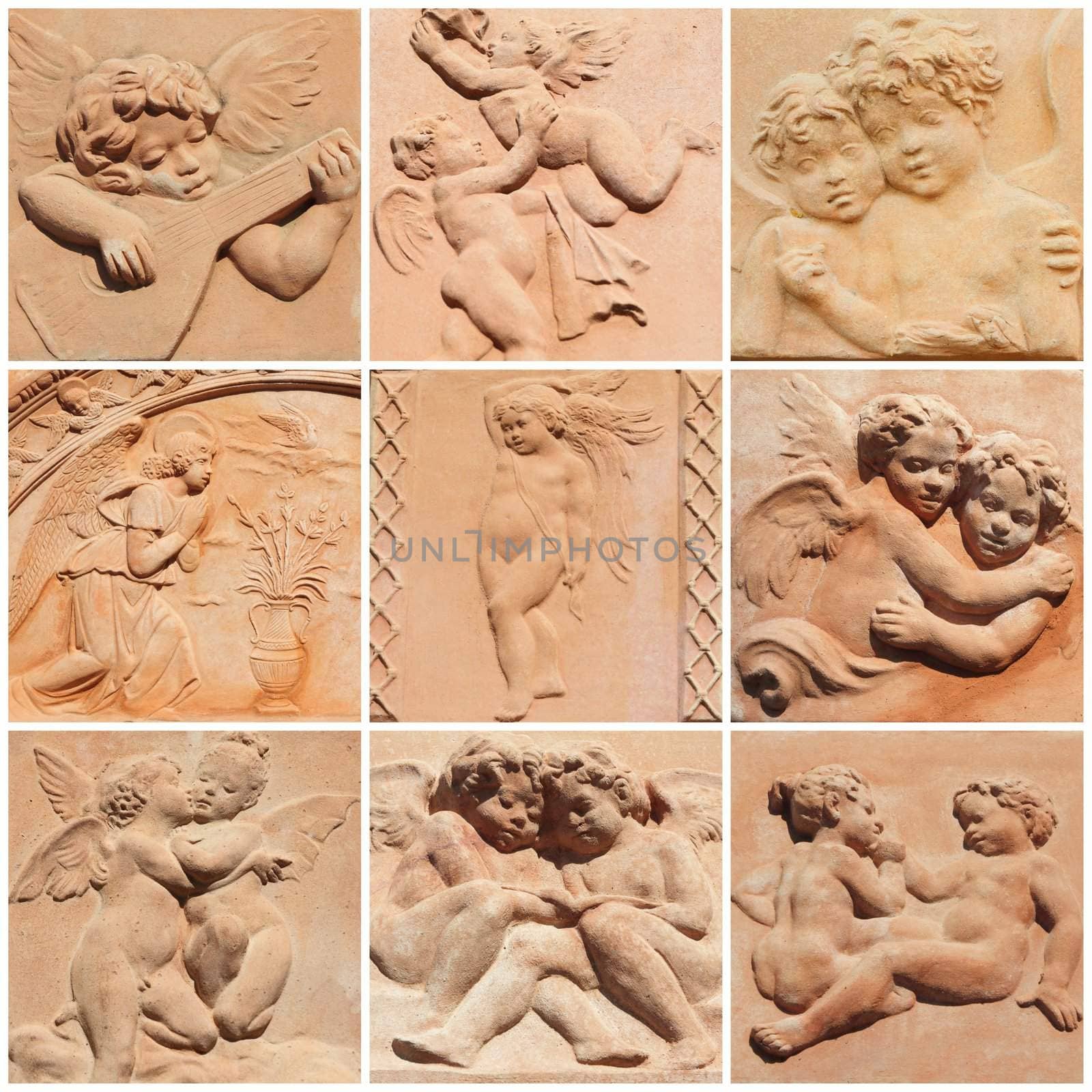collage with angelic reliefs in terracotta from tuscan Impruneta, Italy