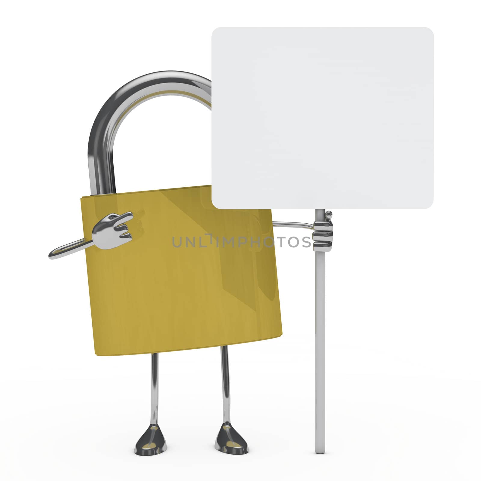 metal lock figure hold a white billboard