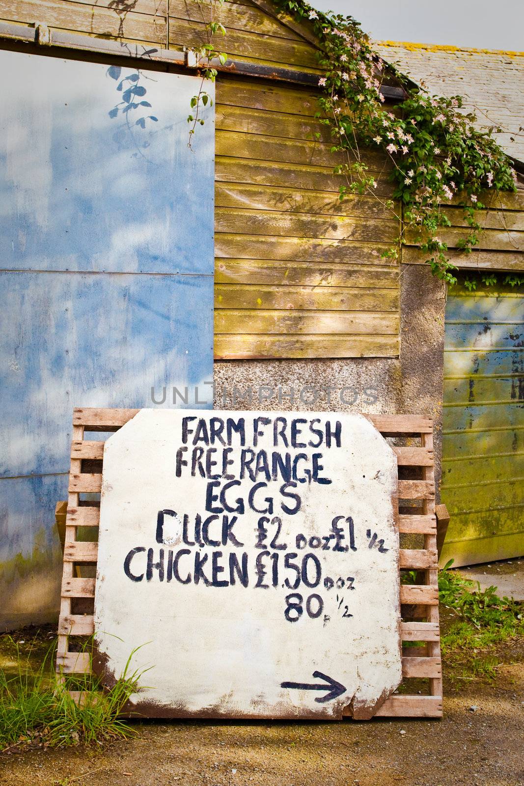 List of items for sale at a farm shop in England