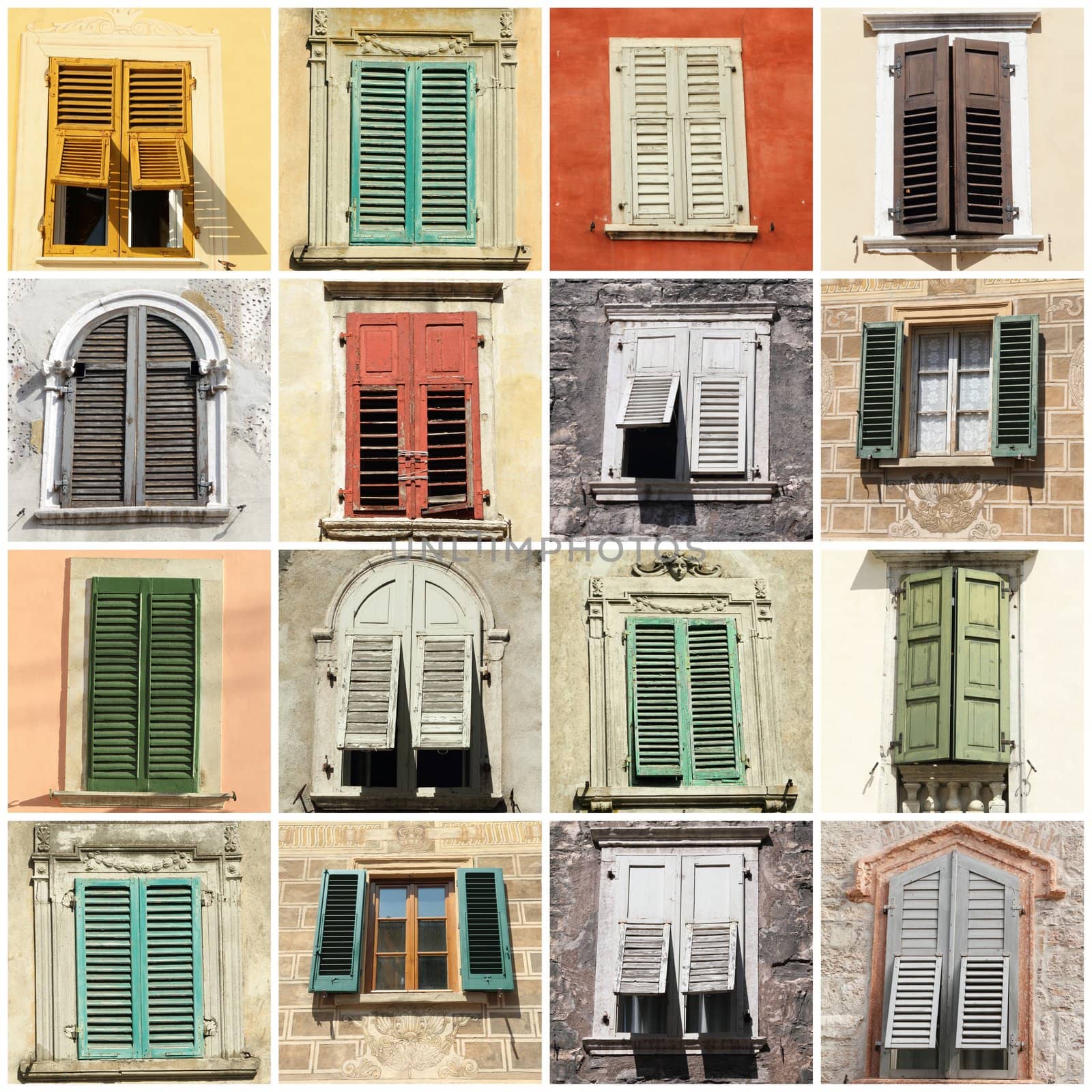 collage with antique windows with shutters in Italy, Europe