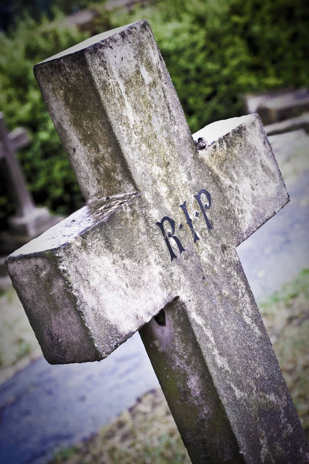 Old stone grave cross in cold lighting