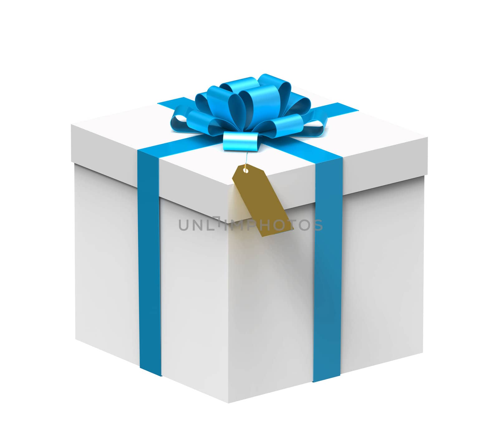 White gift box with blue ribbon isolated on white background