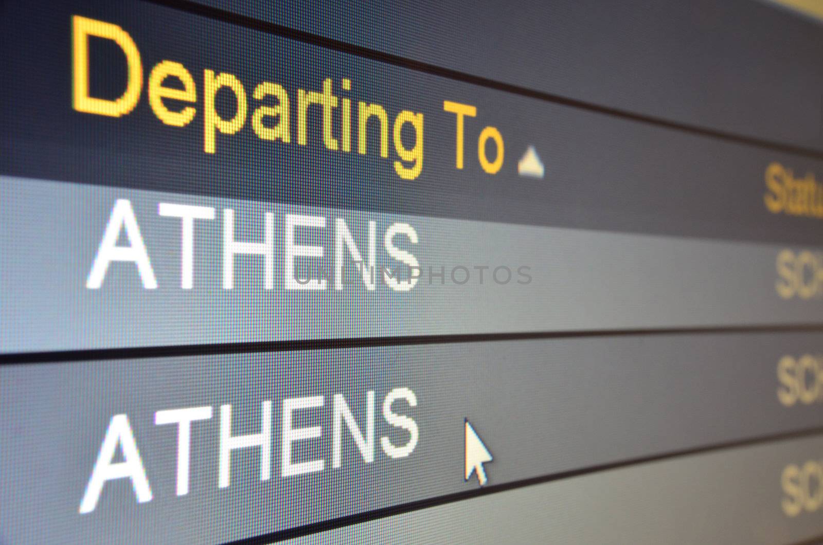 Computer screen closeup of Athens flight status