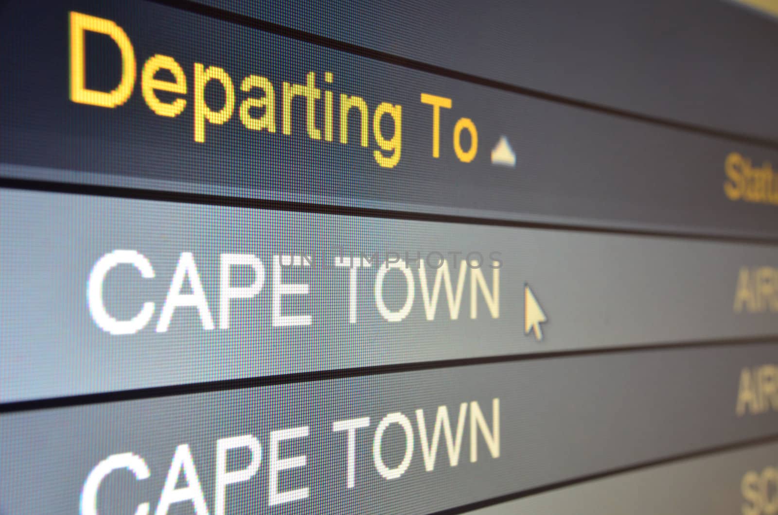 Computer screen closeup of Cape Town flight status