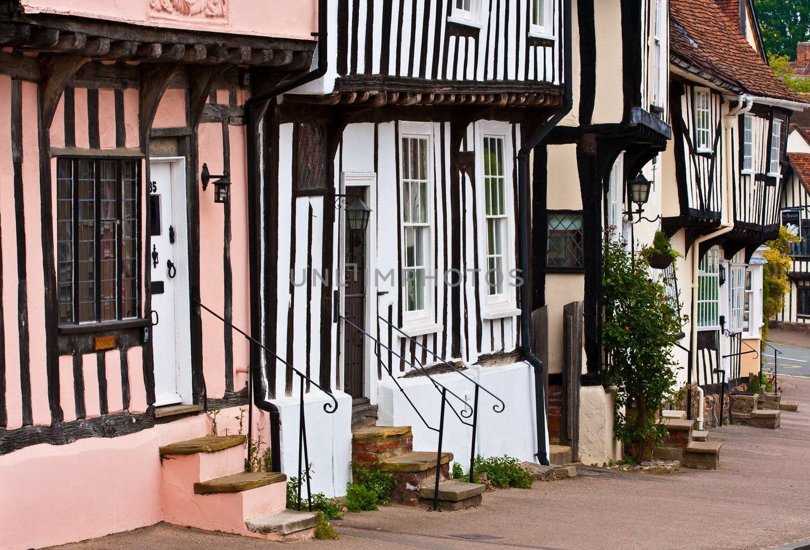 A row of colorful old town houses in Lavenham, England