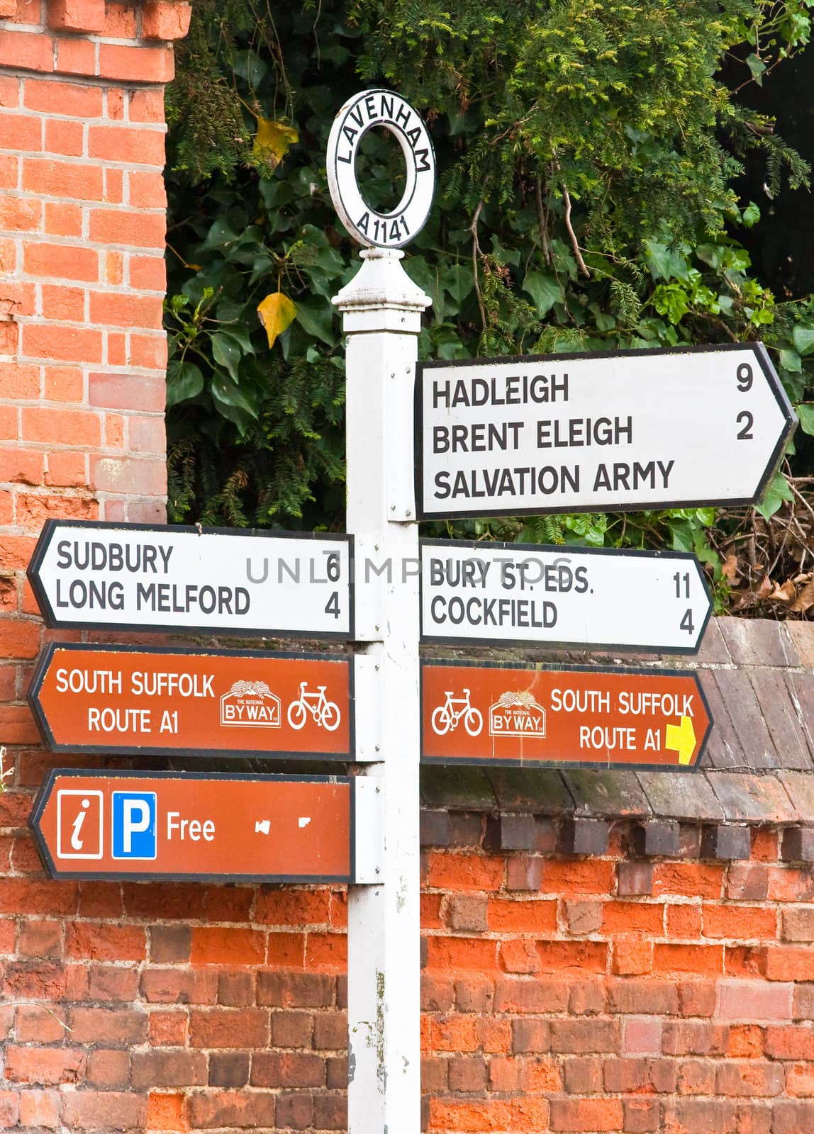 Nice set of road signs in Lavenham, England indicating local routes