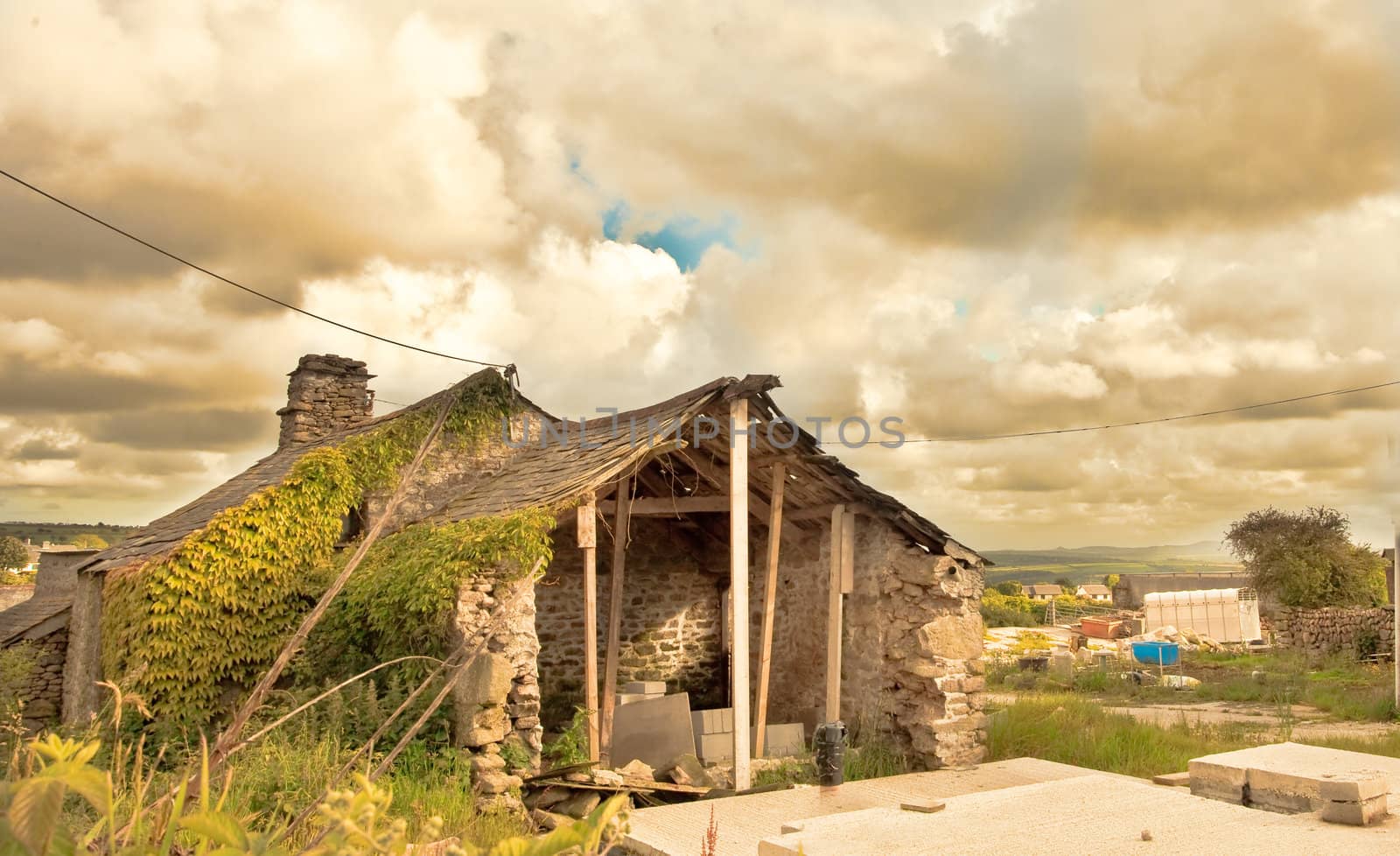 Toned image of a derelict farm building in Cornwall, England