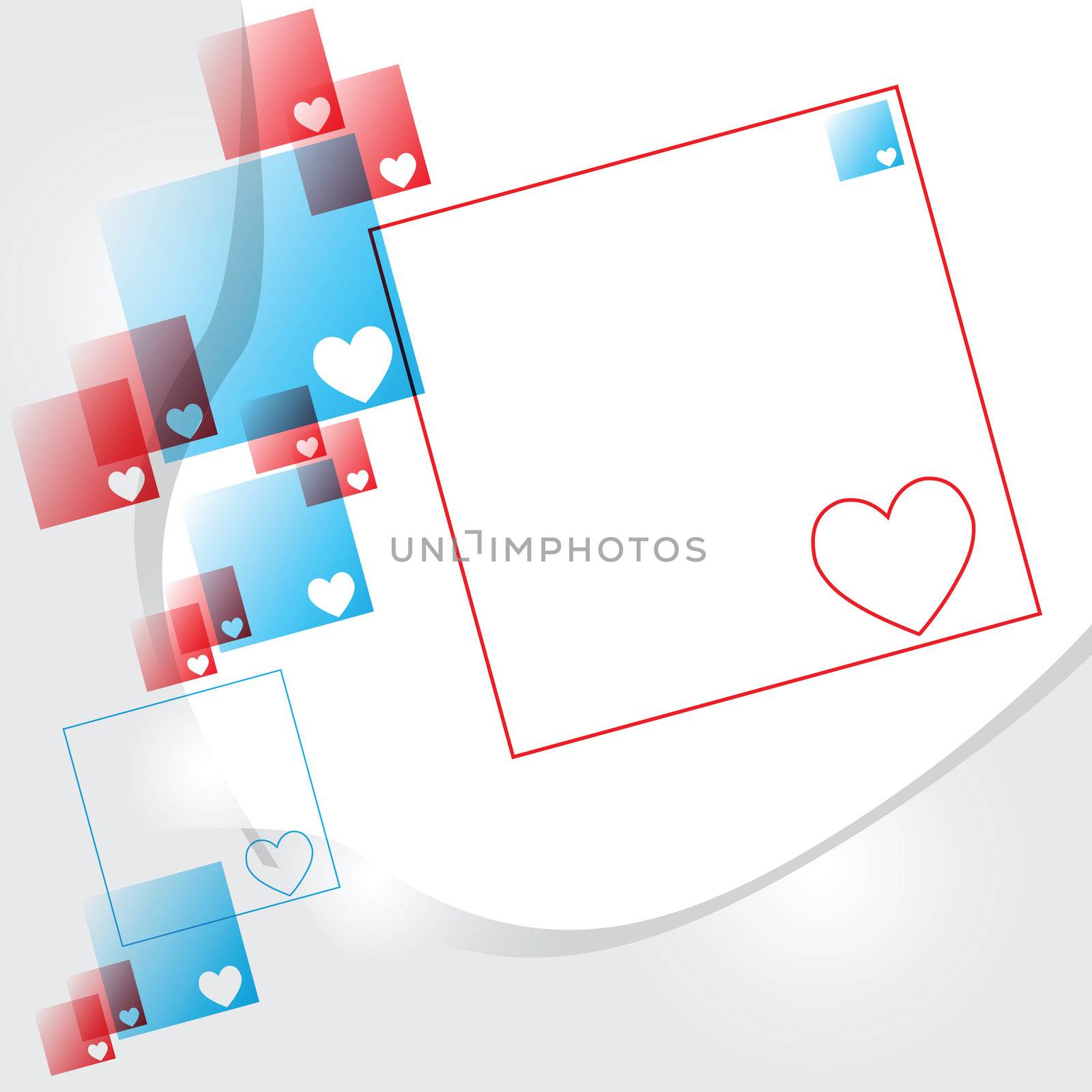 Hearts in blue and red squares, the connection. Vector illustration.