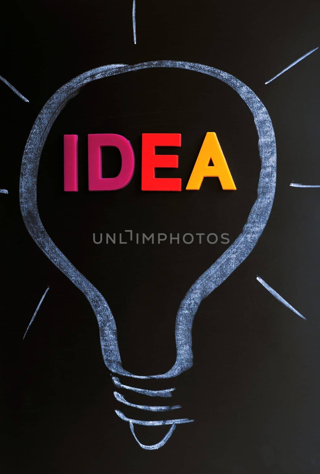 Idea - colorful word in a chalk-drawn bulb