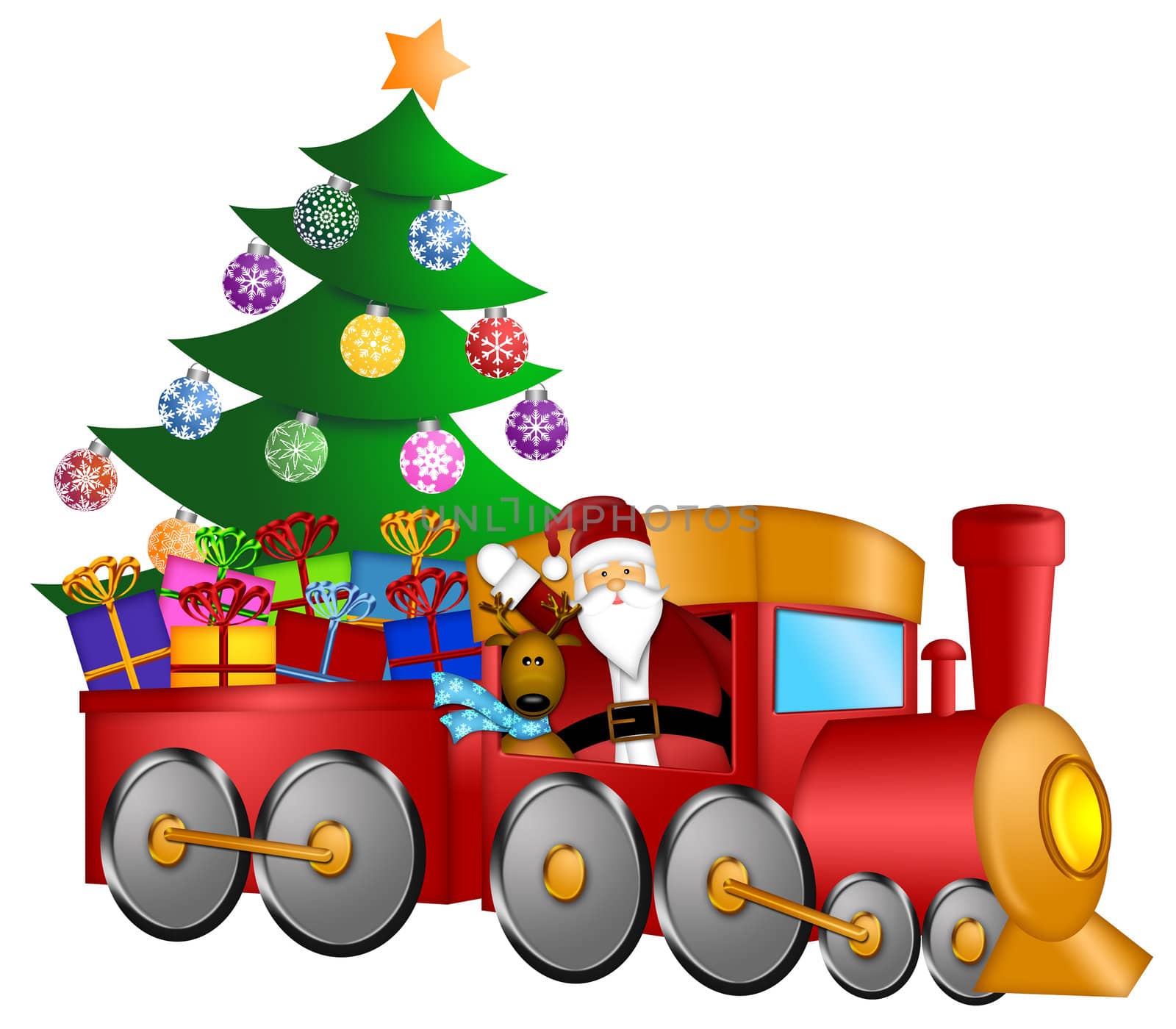 Santa Claus and Reindeer Delivering Gifts in Red Train with Christmas Tree Illustration