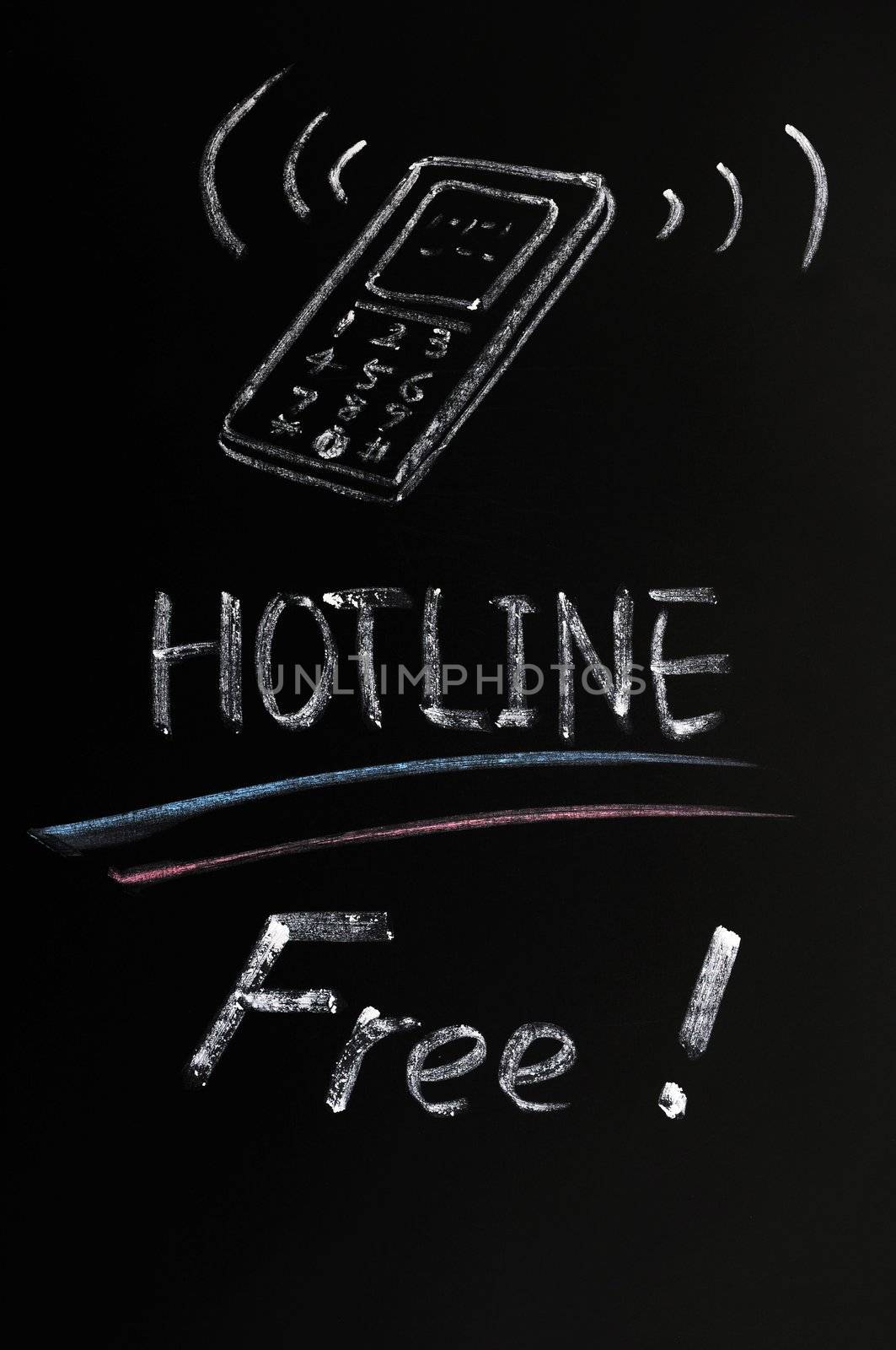 Free hotline concept drawn in chalk on a blackboard