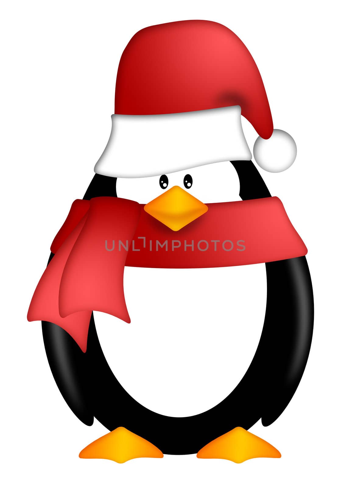 Cute Cartoon Penguin with Santa Hat and Red Scarf Illustration Isolated on White Background