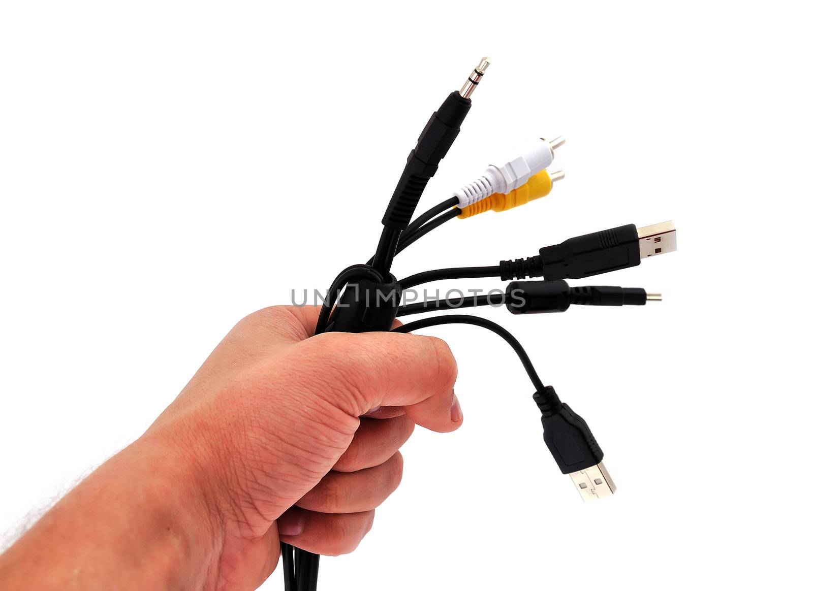 computer wire in his hand on a white background