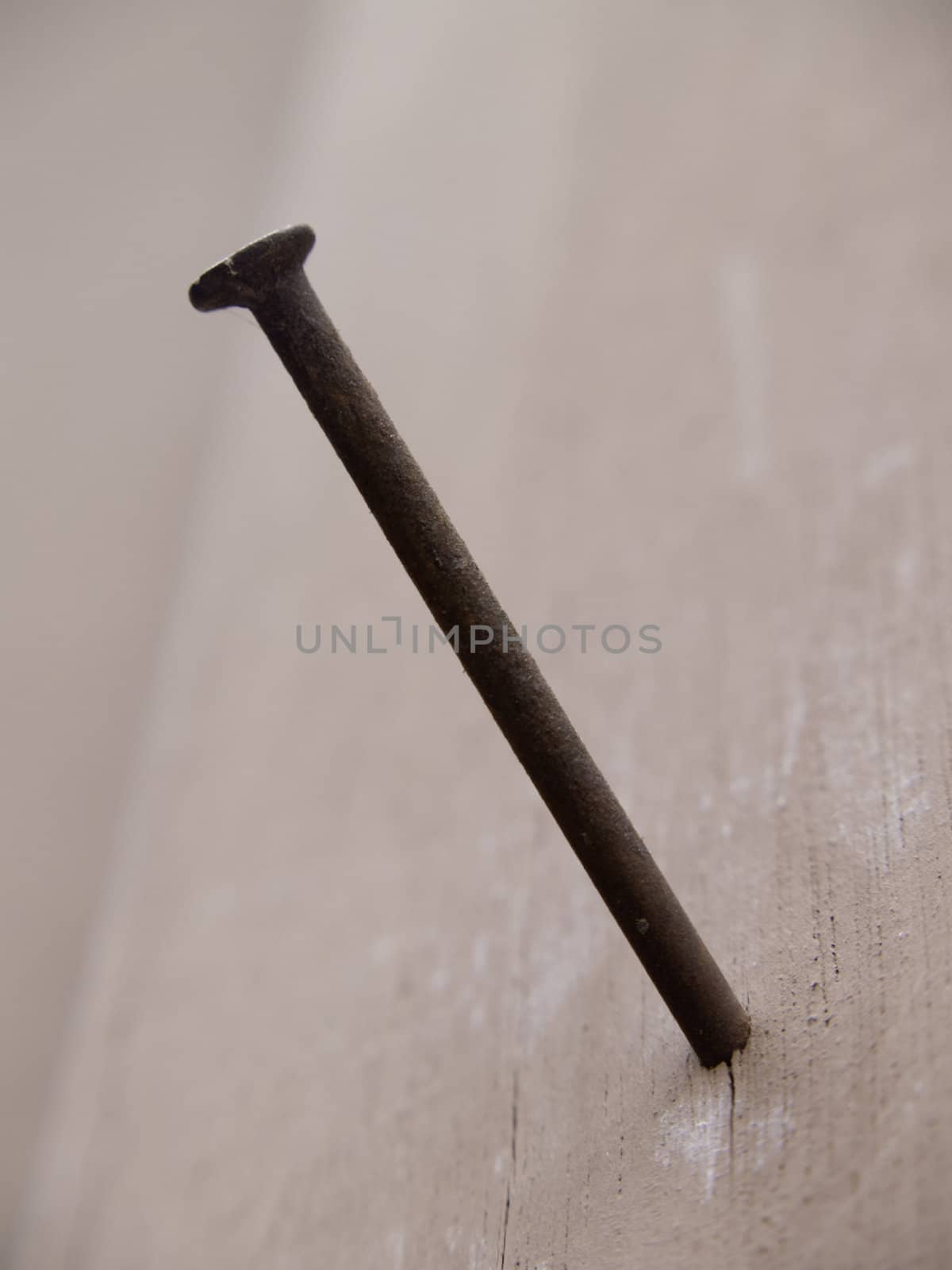 Rusty nail in wood wall.