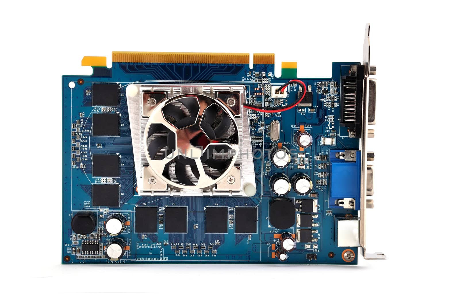 video card with three outputs on a white background