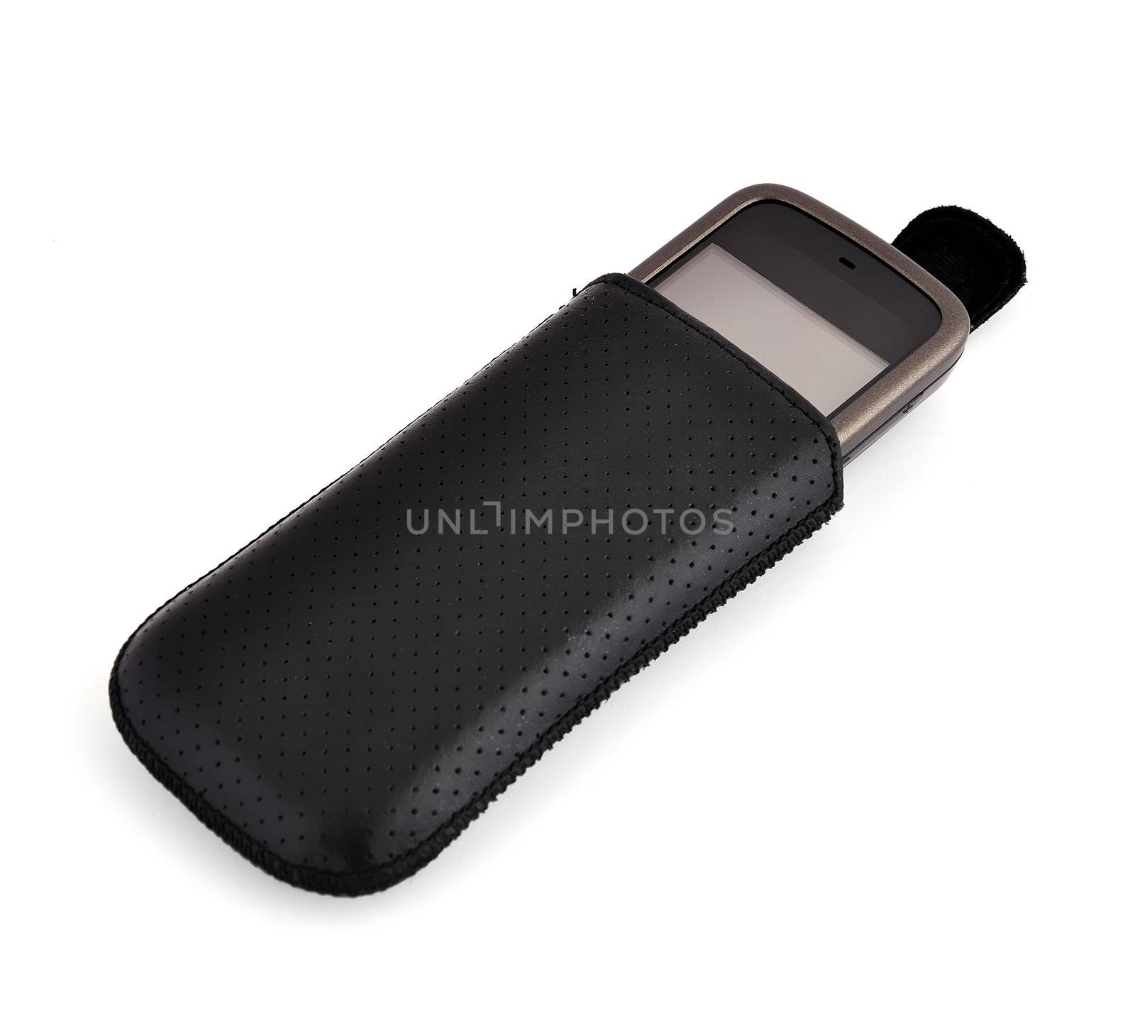 touchscreen mobile phone and cover on white background