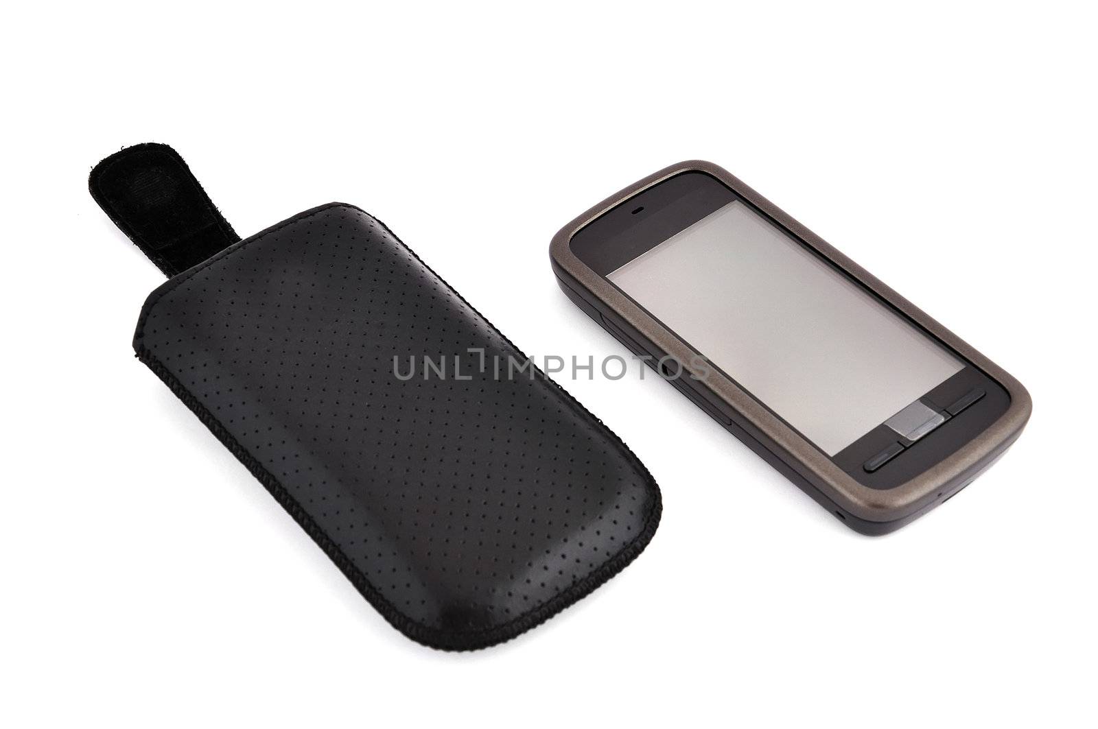 touchscreen mobile phone and cover on white background