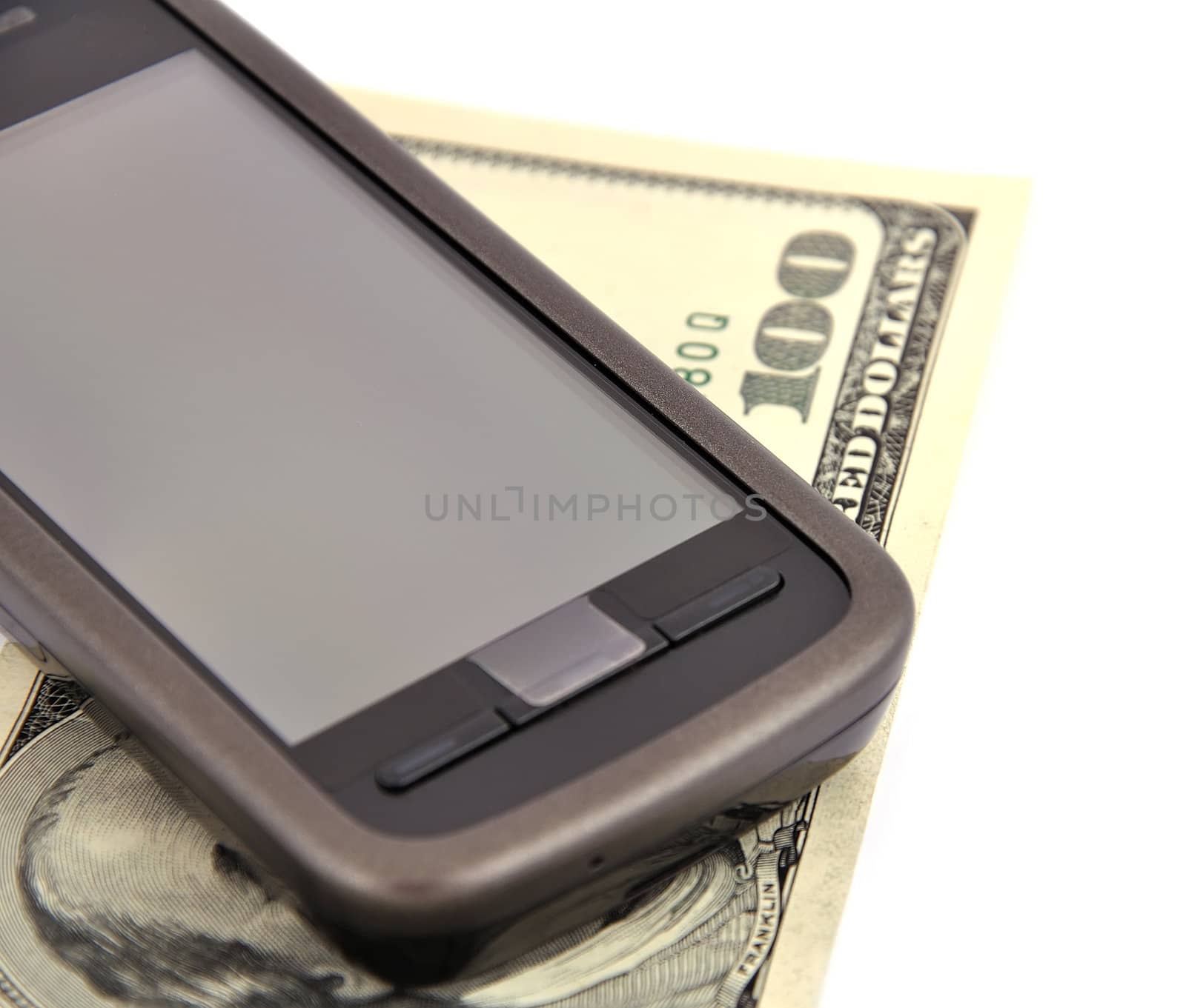 touchscreen mobile phone and dollar on white background