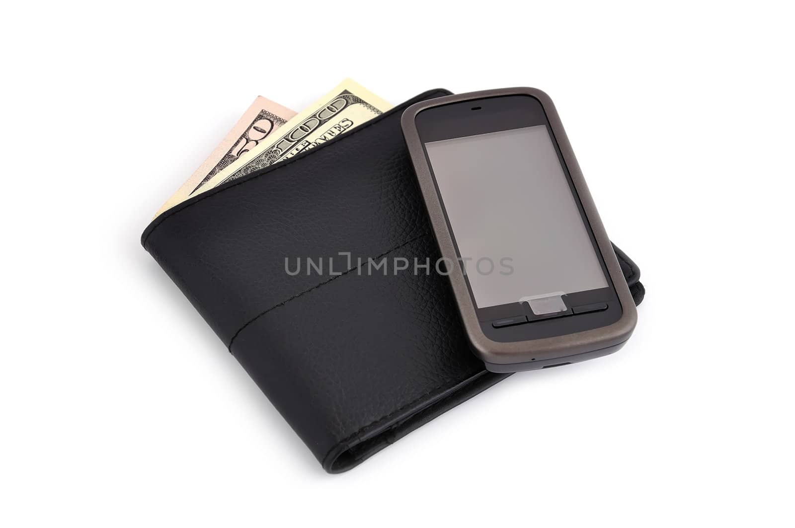 touchscreen mobile phone and dollars on white background