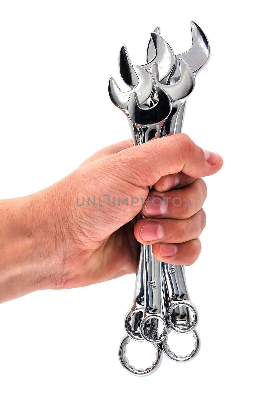 wrench in his hand on a white background