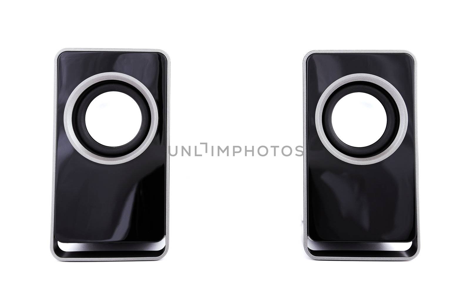 two computer speakers on a white background
