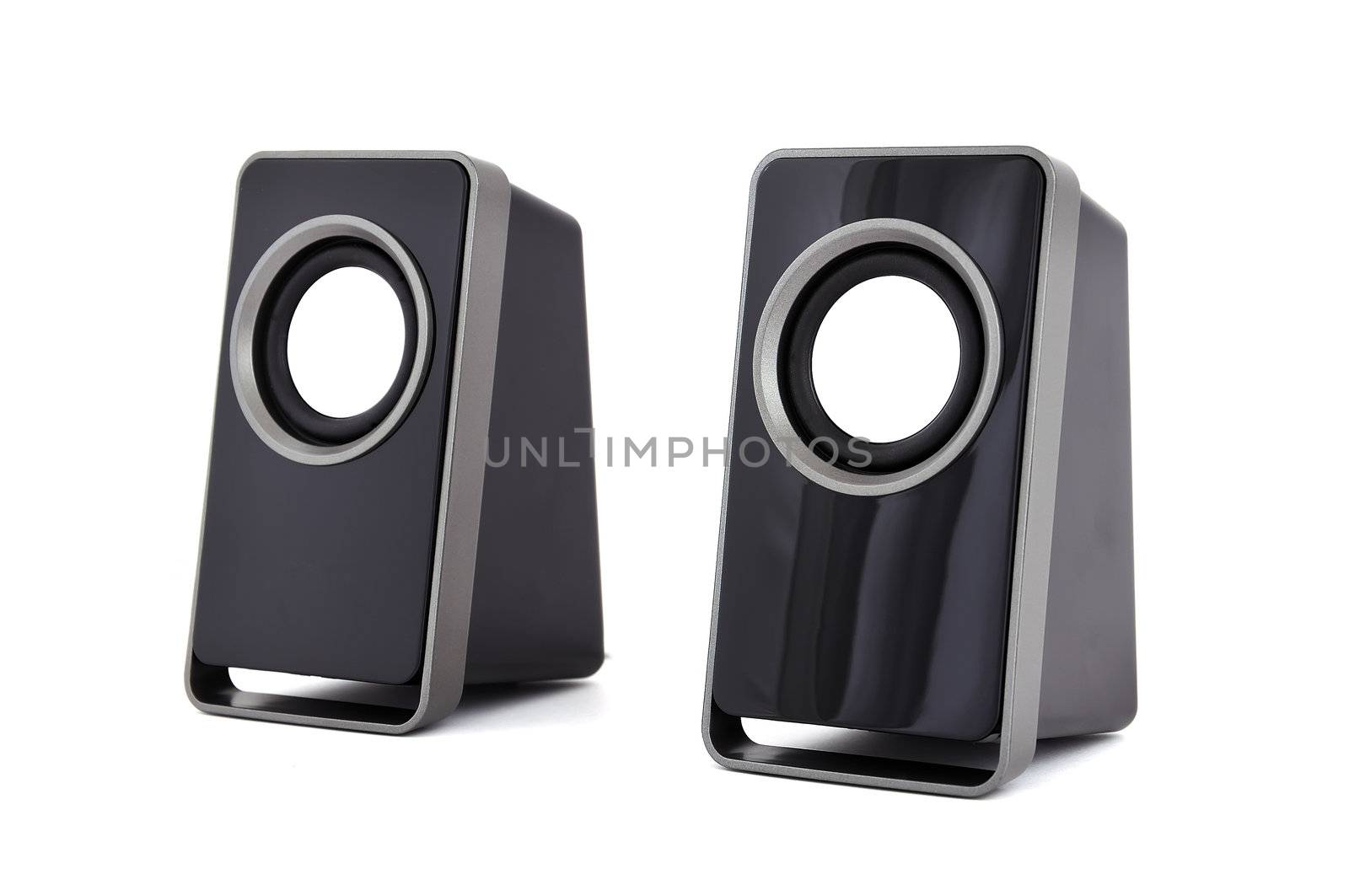 two computer speakers on a white background 