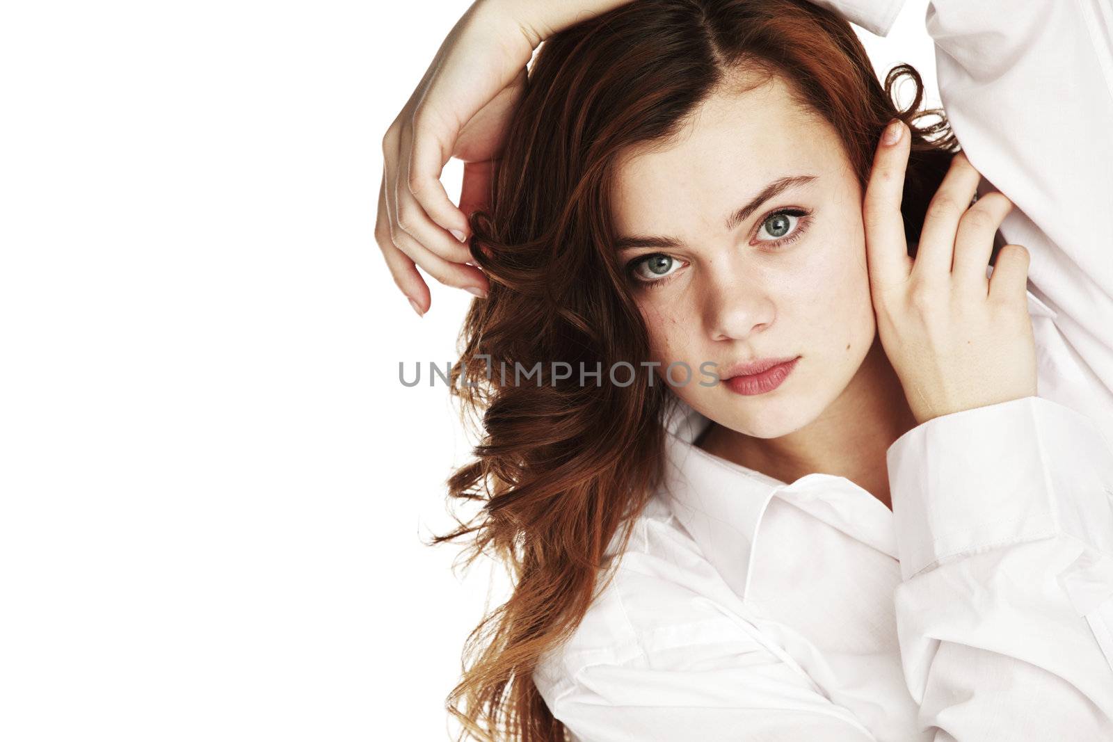 young beautiful woman close up portrait isolated