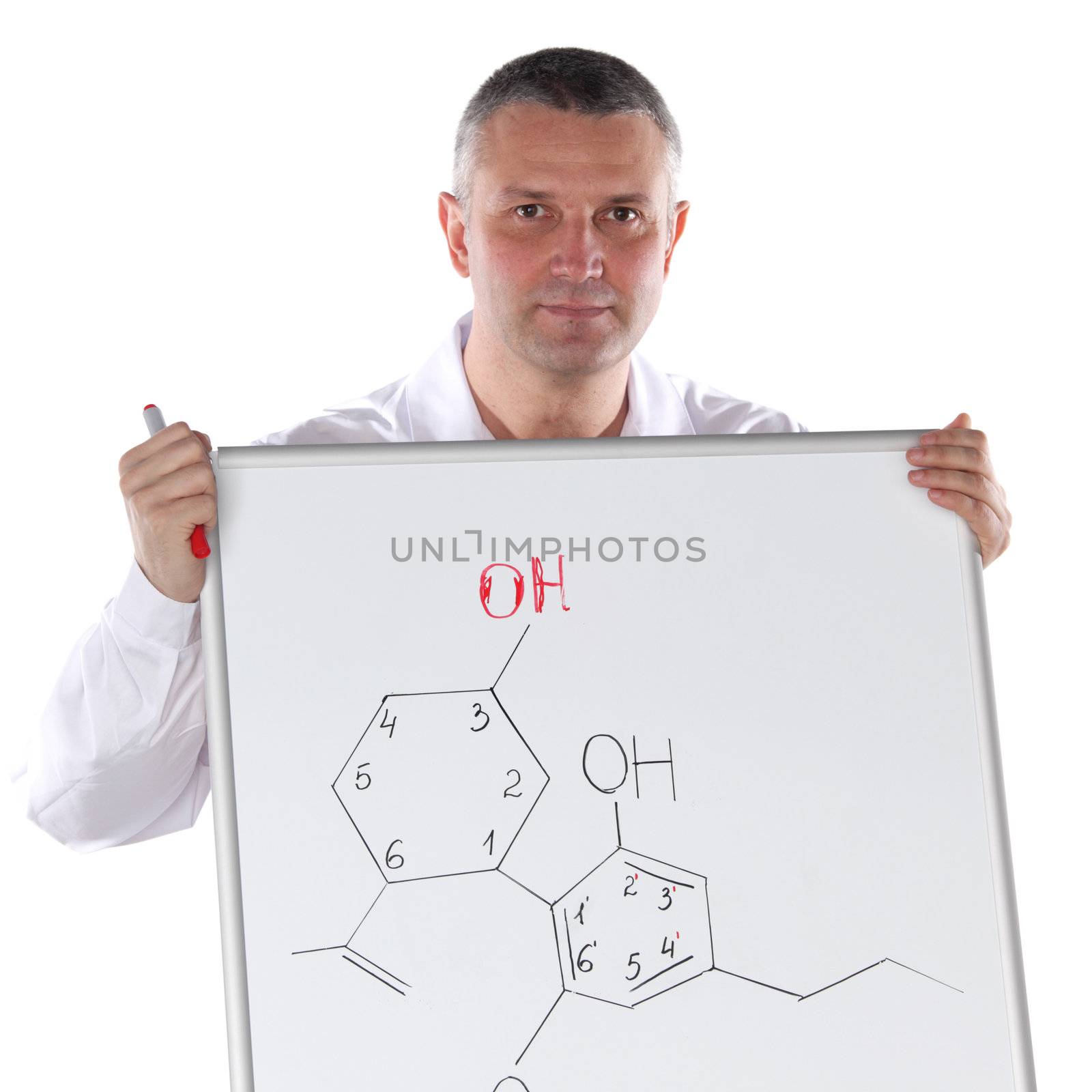 Chemistry teacher presenting formula of organic chemical compound