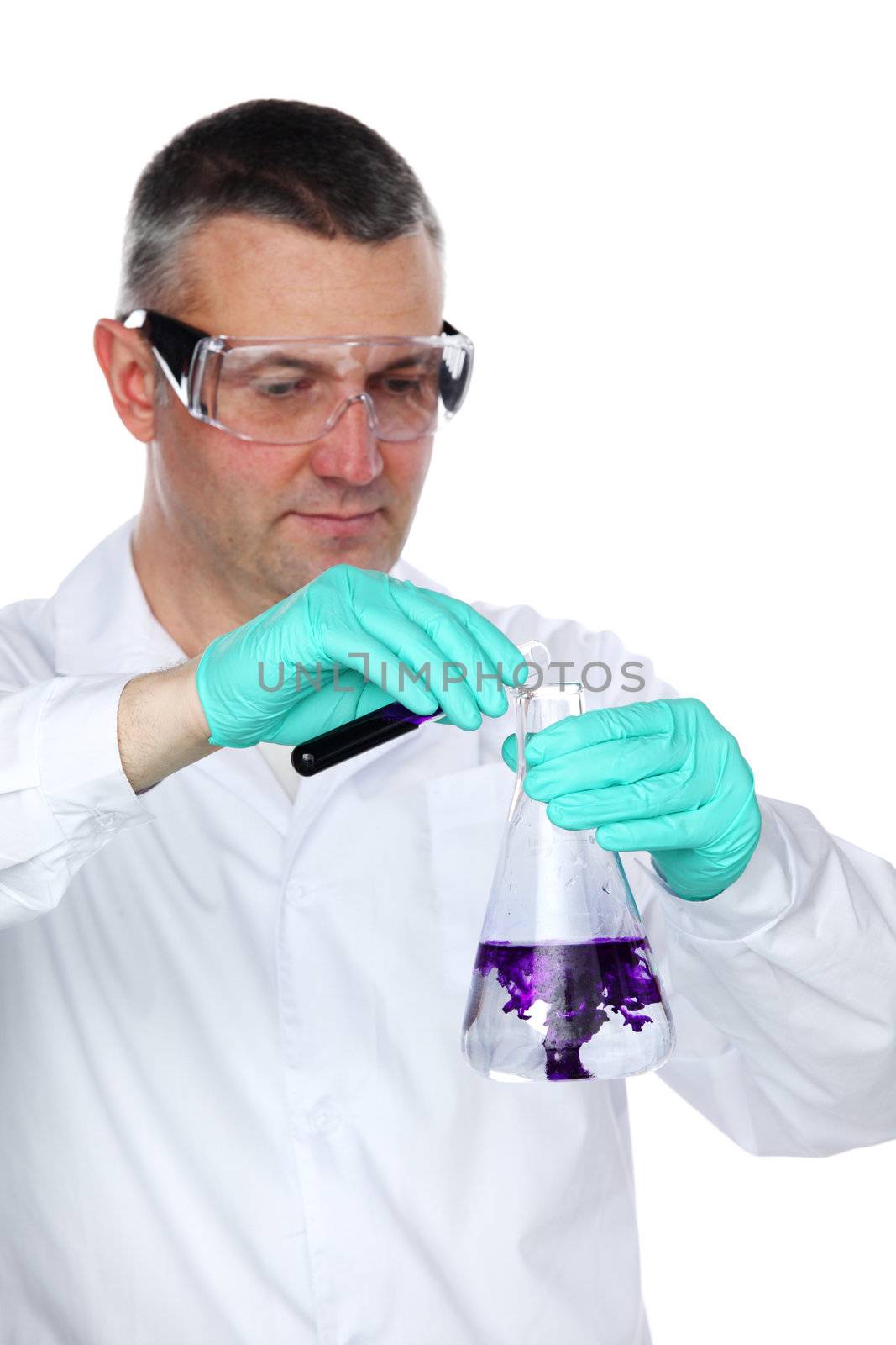 Chemistry Scientist conducting experiments on white background