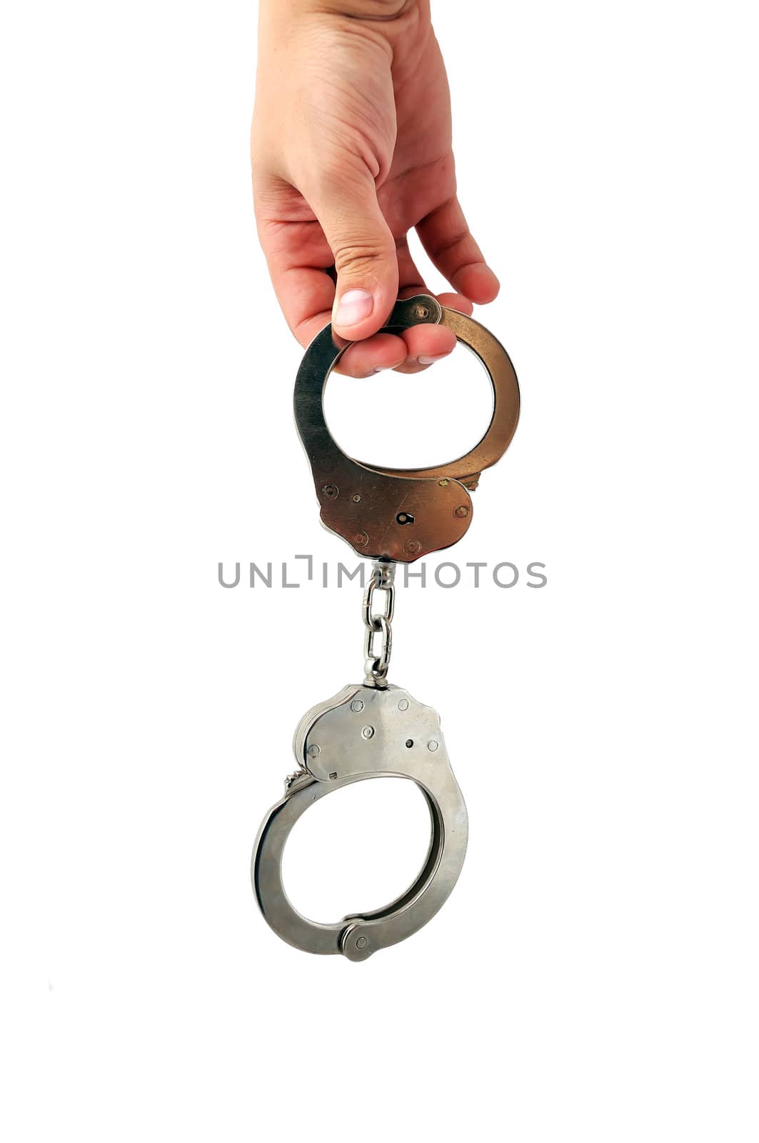 Handcuffs and hand  on a white background