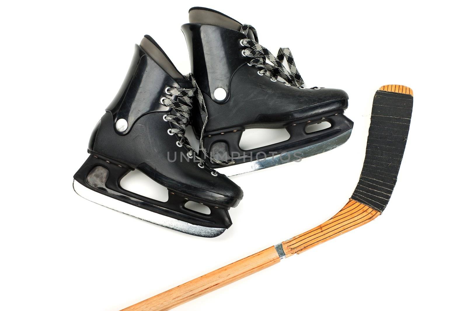 Winter hockey sport ice skates and stick equipment