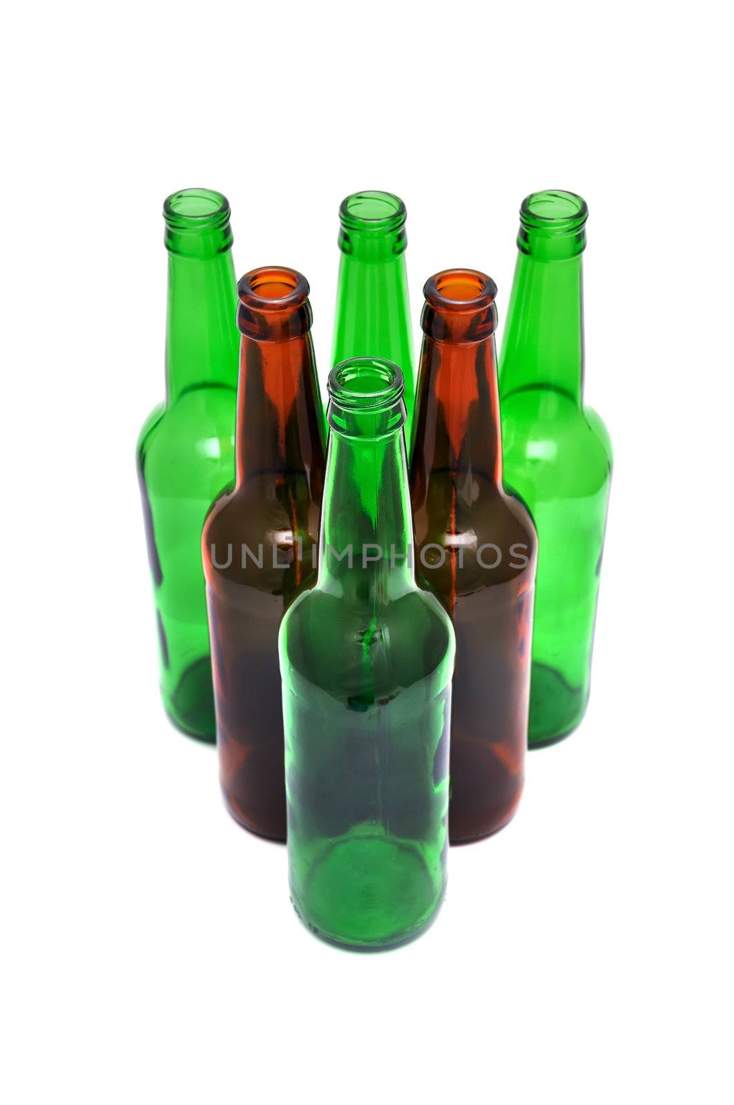 colored beer bottles on a white background