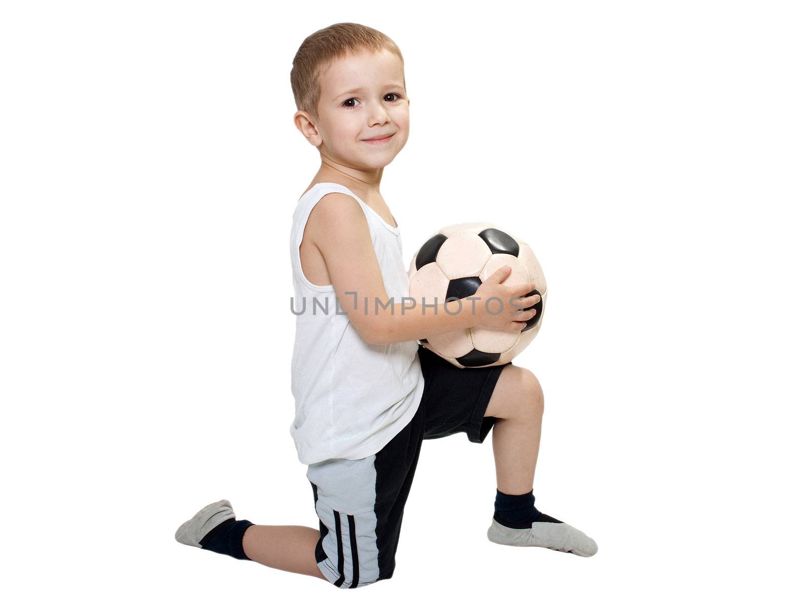 Little child and soccer sport playing ball in hand