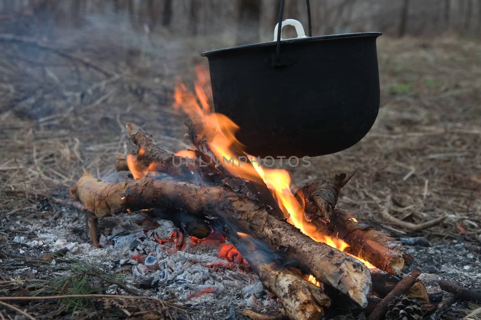 The hunting bonfire with the kettle suspended above him