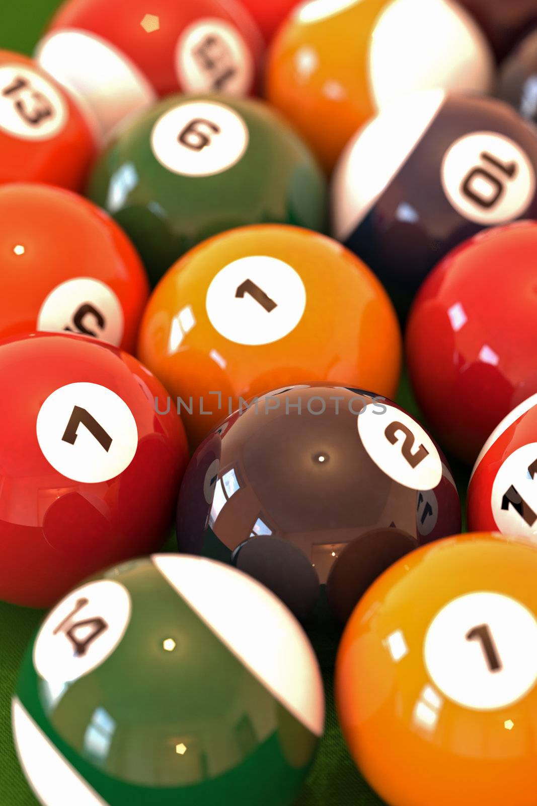 A lot of balls for billiards close-up, shallow depth of field